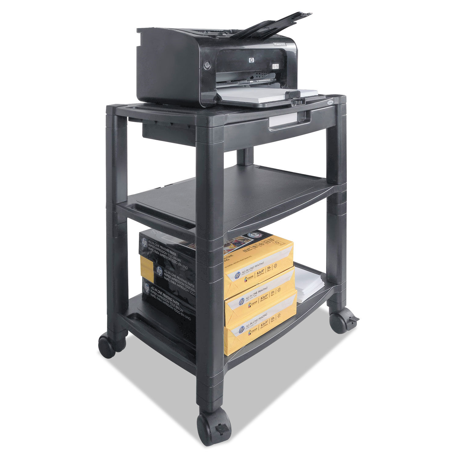 Height-Adjustable Deskside Printer Cart Plastic, 3 Shelves, 1 Drawer, 60 lb Capacity, 20" x 13.25" x 24.5", Black