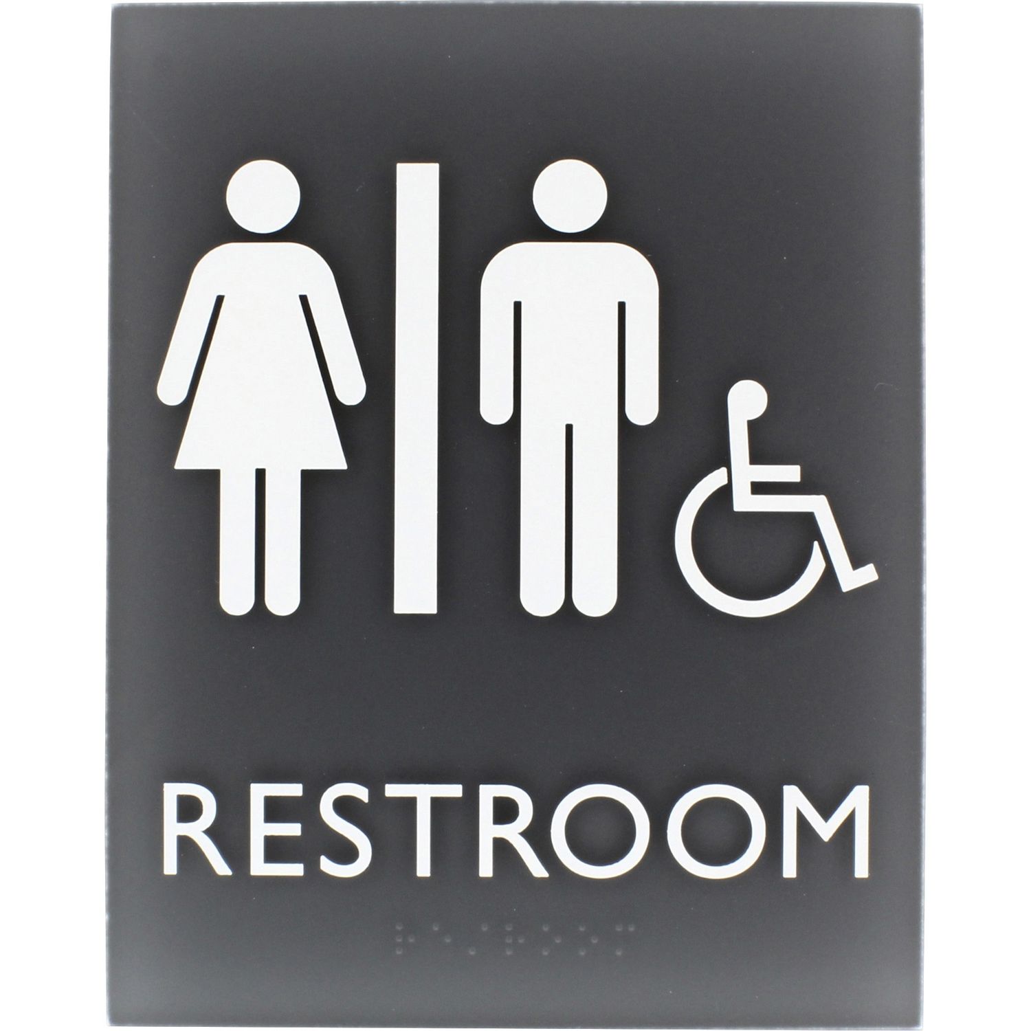 Restroom Sign 1 Each, 6.4" Width x 8.5" Height, Easy Readability, Braille, Dark Gray