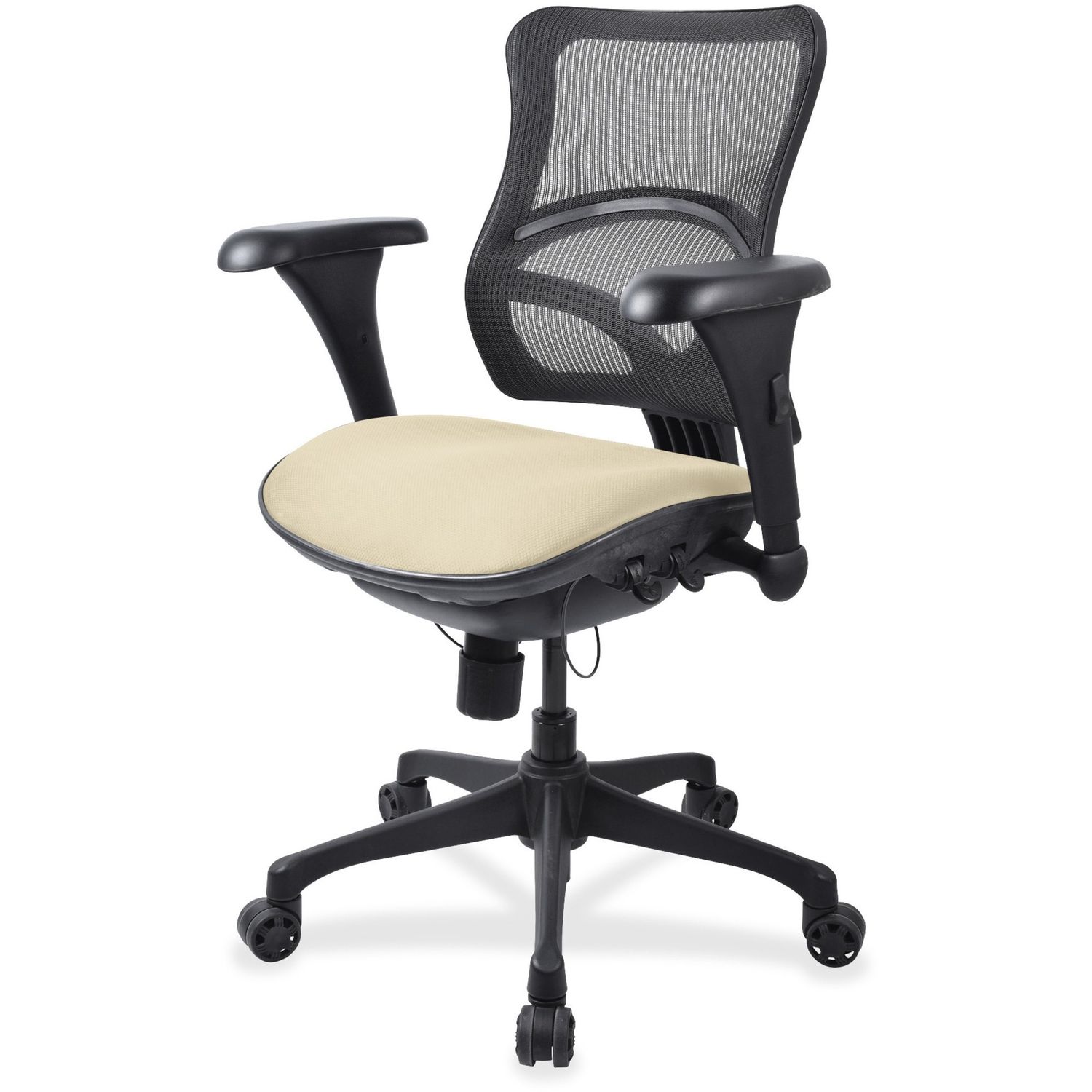 Mid-back Fabric Seat Chair Fabric Seat, Black Plastic Frame, Mid Back, 5-star Base, Beige, 1 Each