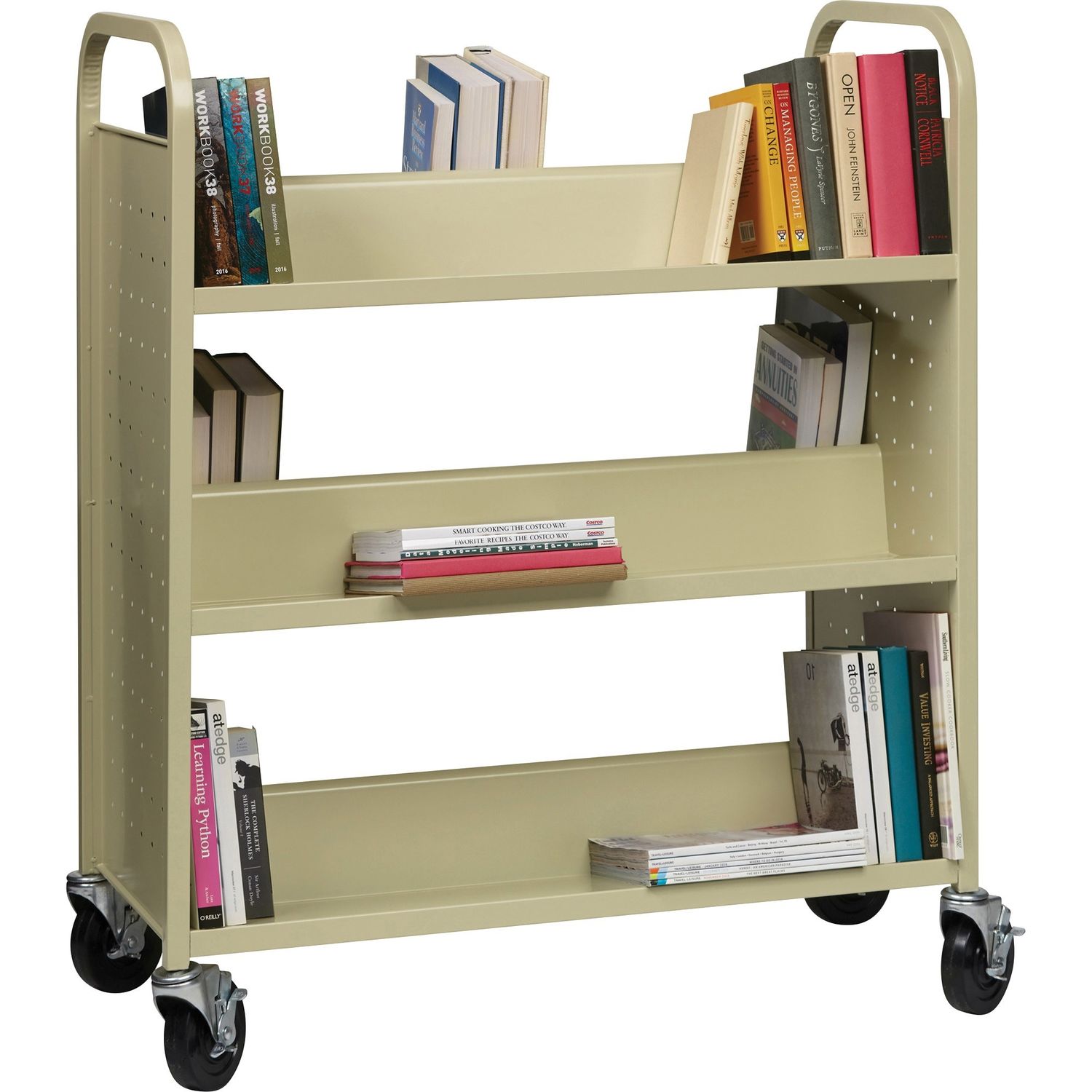 Double-sided Book Cart 6 Shelf, 200 lb Capacity, 5" Caster Size, Steel, x 36" Width x 19" Depth x 46" Height, Putty, 1 Each
