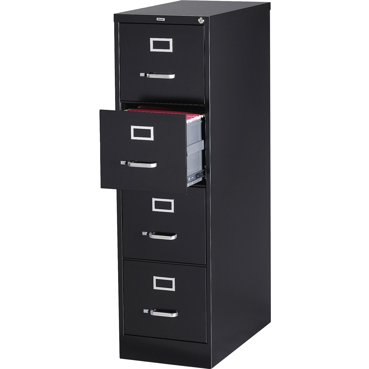Vertical file - 4-Drawer 15" x 26.5" x 52", 4 x Drawer(s) for File, Letter, Vertical, Security Lock, Ball-bearing Suspension, Heavy Duty, Black, Steel, Recycled