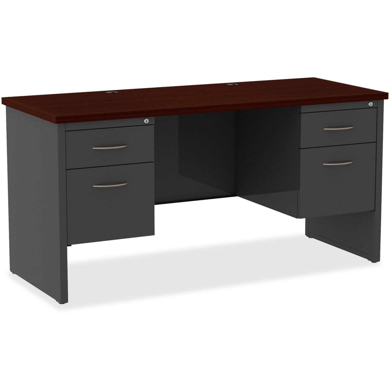 Mahogany Laminate/Charcoal Steel Double-pedestal Credenza - 2-Drawer 60" x 24" , 1.1" Top, 2 x Box Drawer(s), File Drawer(s), Double Pedestal, Material: Steel, Finish: Mahogany Laminate, Charcoal