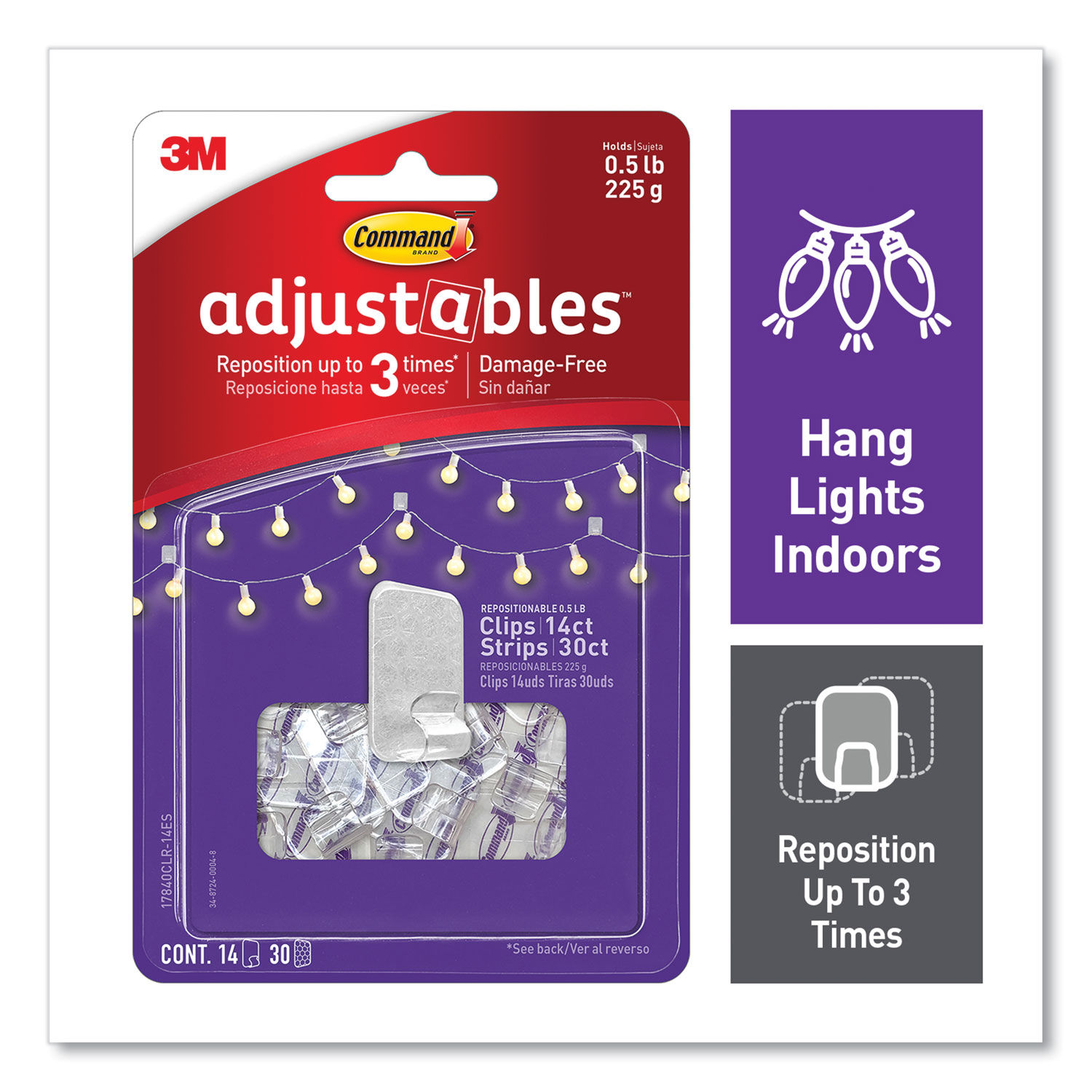 Adjustables Repositionable Mini Clips Plastic, White, 0.5 lb Capacity, 14 Clips and 30 Strips