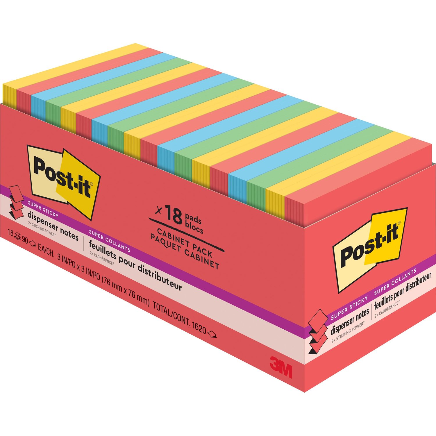 Super Sticky Notes Cabinet Pack 3" x 3", Square, 18 Sheets per Pad, Multicolor, Paper, Pop-up, Recyclable, 1 / Pack