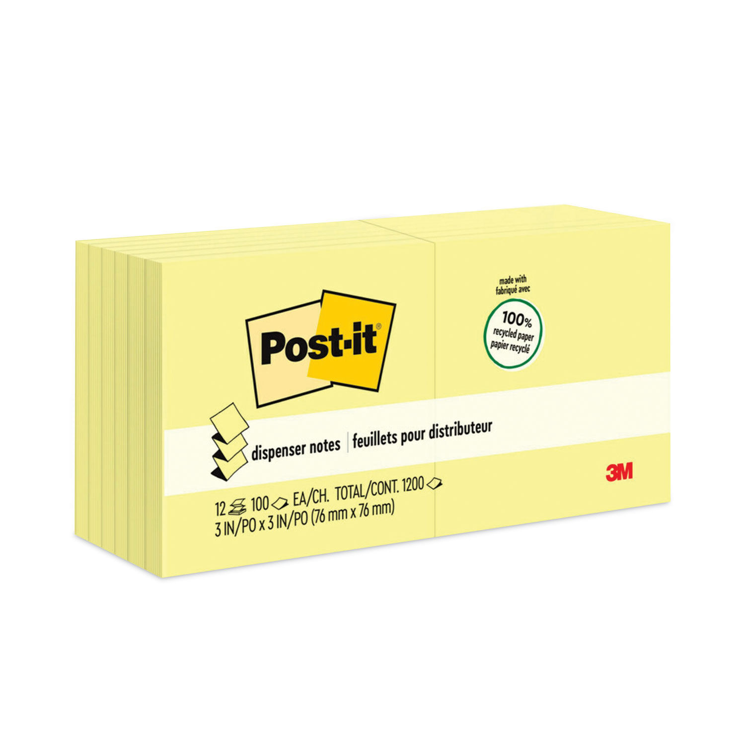 Original Recycled Pop-up Notes 3" x 3", Canary Yellow, 100 Sheets/Pad, 12 Pads/Pack