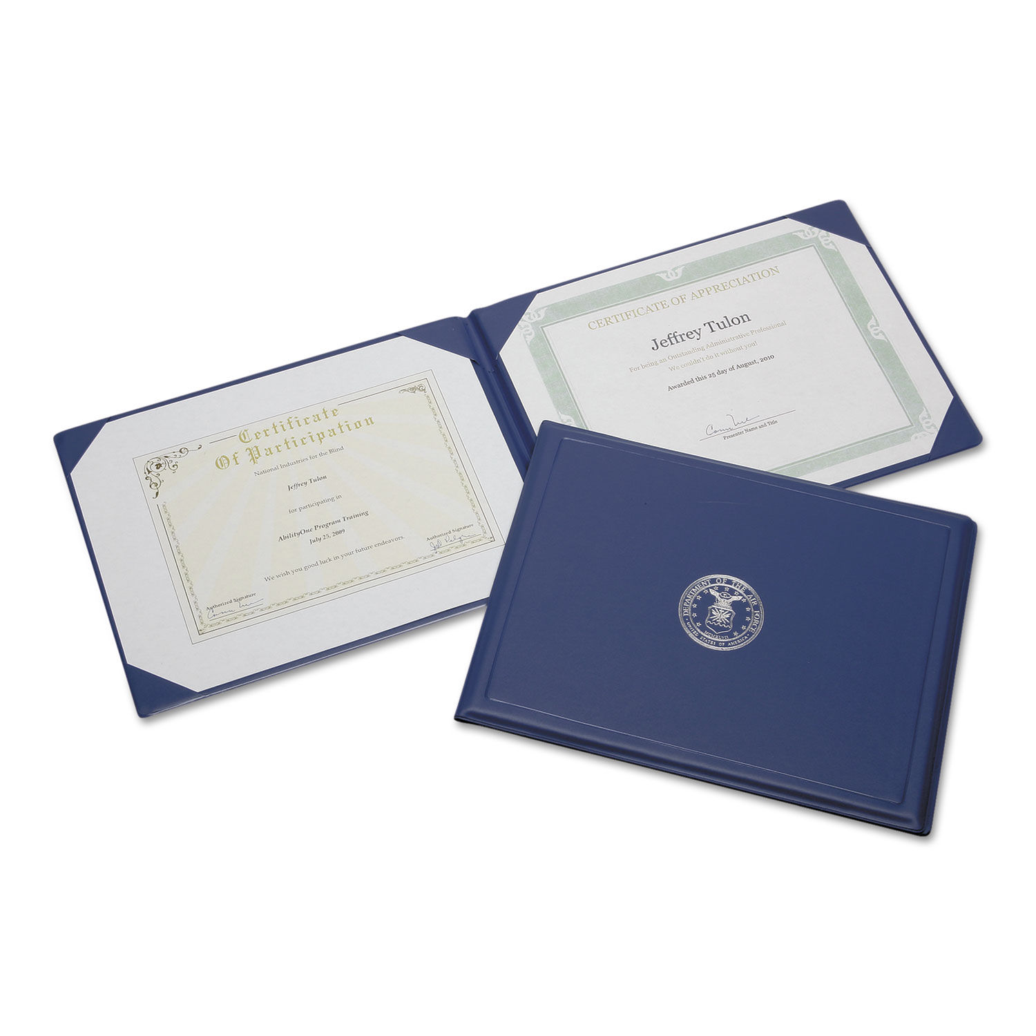SKILCRAFT Award Certificate Binder 8.5 x 11, Air Force Seal, Blue/Silver, GSA 751000115325