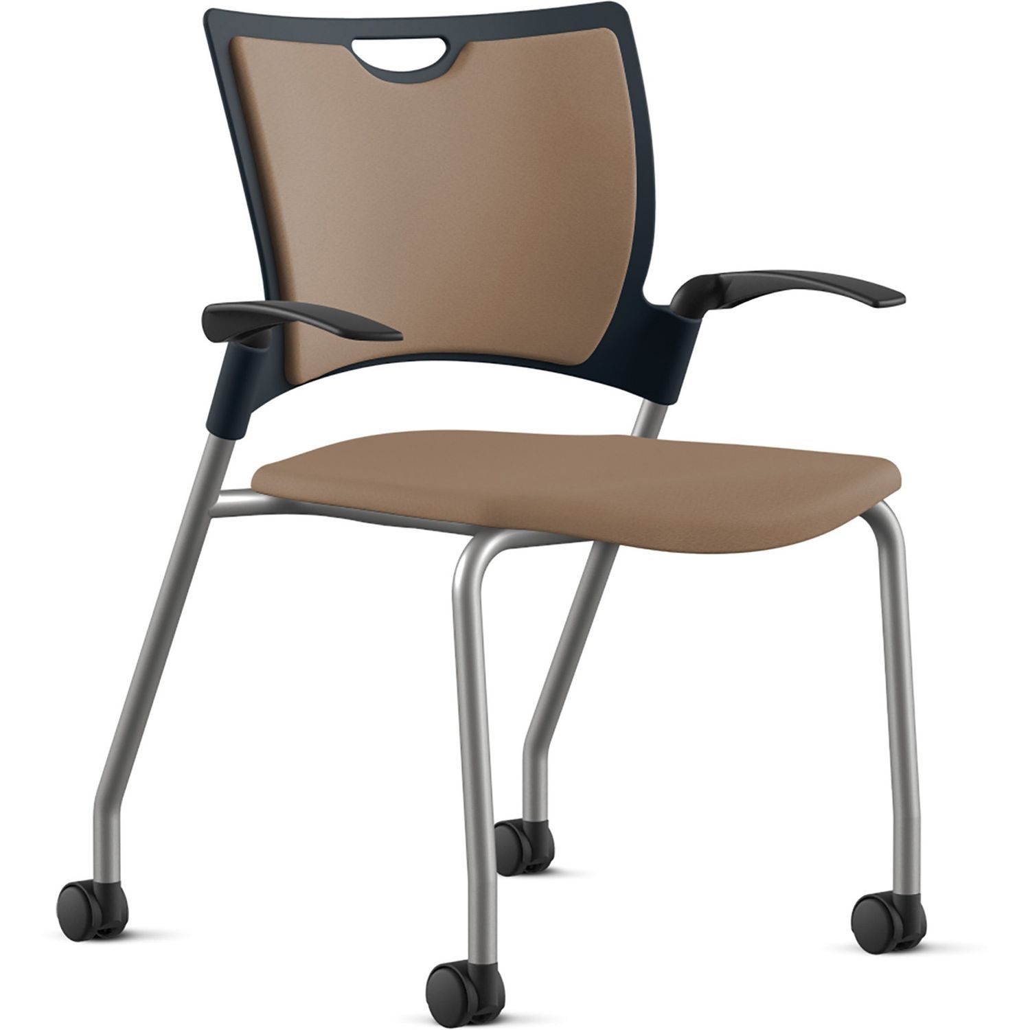 Bella Fabric Seat Mobile Stack Chair Fabric, Foam, Plastic Seat, Fabric, Plastic, Foam Back, Powder Coated, Silver Frame, Four-legged Base, Latte, 1 Each