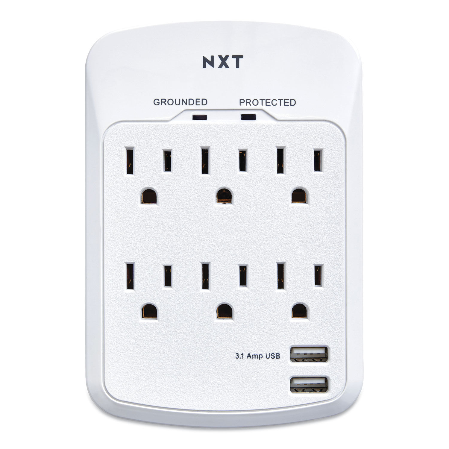 Wall-Mount Surge Protector 6 AC Outlets/2 USB Ports, 1,200 J, White
