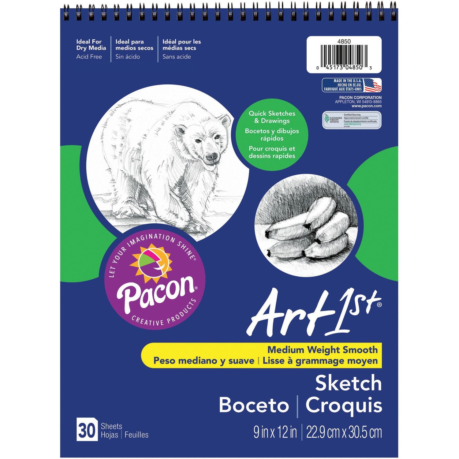 Medium Weight Acid Free Sketch Books 30 Sheets, Spiral, 9" x 12", White Paper, Acid-free, Mediumweight, Recycled, 30 / Pad