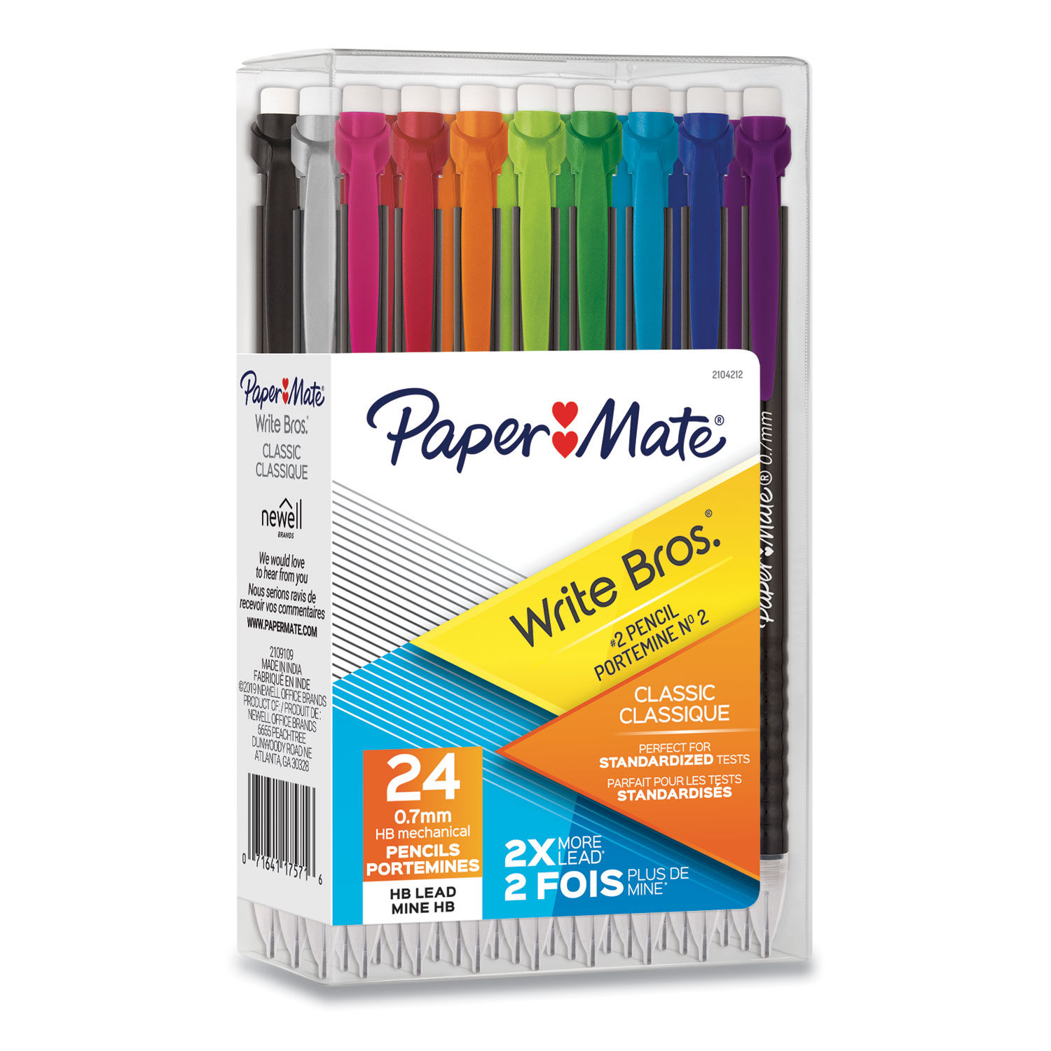 Write Bros Mechanical Pencil 0.7 mm, HB (#2), Black Lead, Black Barrel with Assorted Clip Colors, 24/Pack
