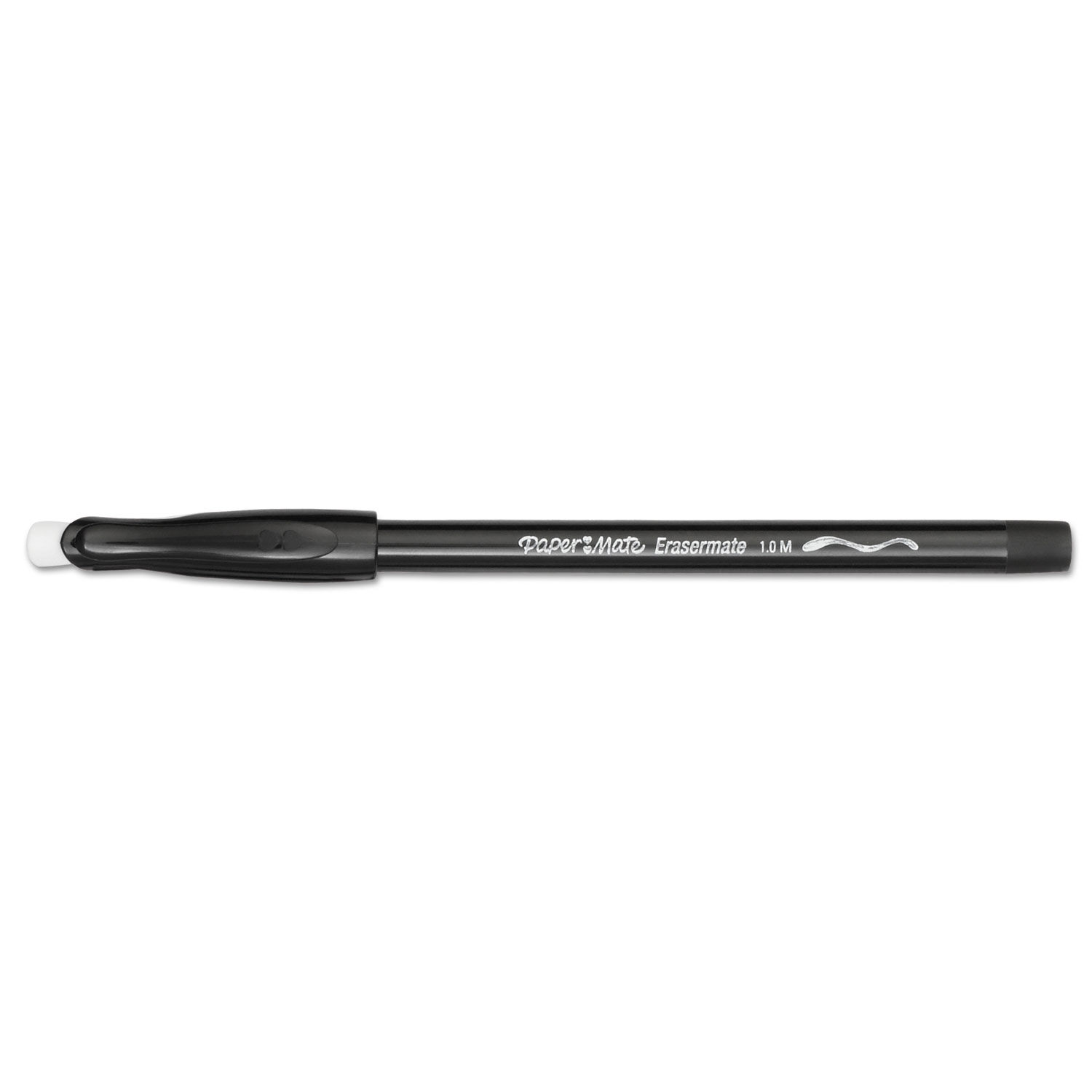 Eraser Mate Ballpoint Pen Stick, Medium 1 mm, Black Ink, Black Barrel, Dozen
