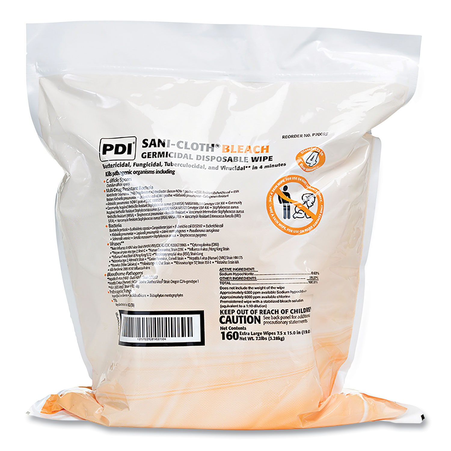 Sani-Cloth Bleach Germicidal Disposable Wipe Refill 1-Ply, 7.5 x 15, Unscented, White, 160/Bag, 2 Bags/Carton