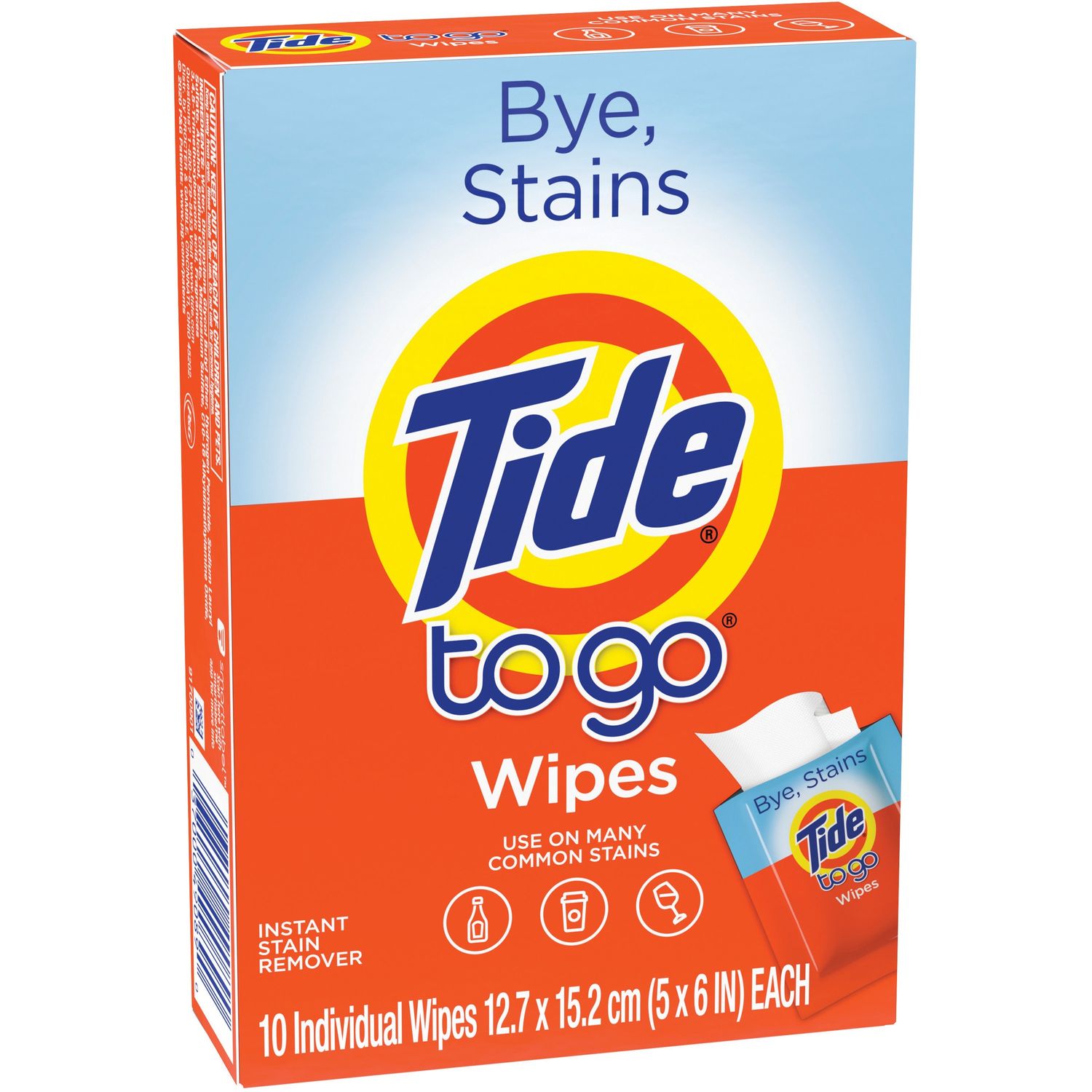 Tide To Go Stain Remover Wipes Wipe, 5" Width x 6" Length, 10 / Box, White
