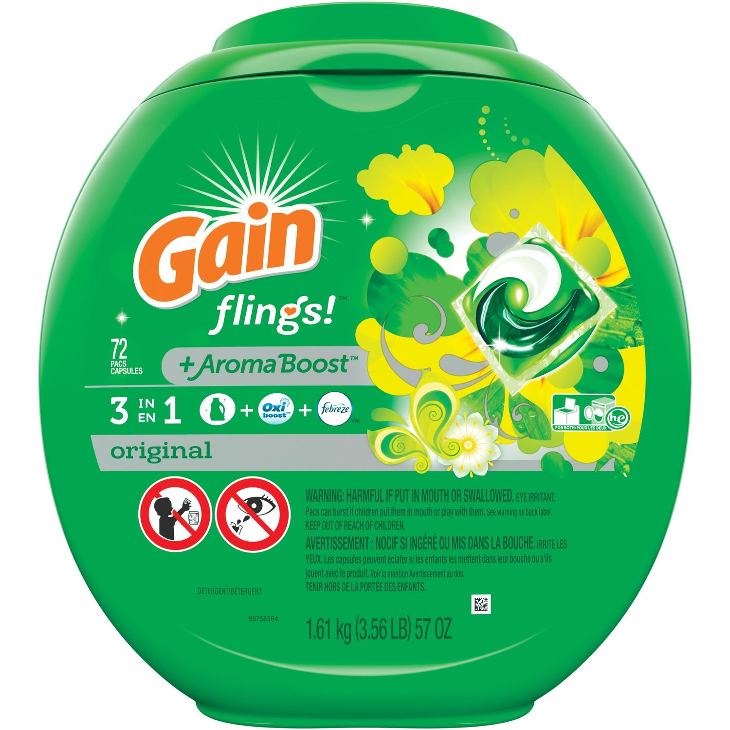 Flings Detergent Pacs Liquid, Gain Scent, 72 / Canister, 1 Each, Clear