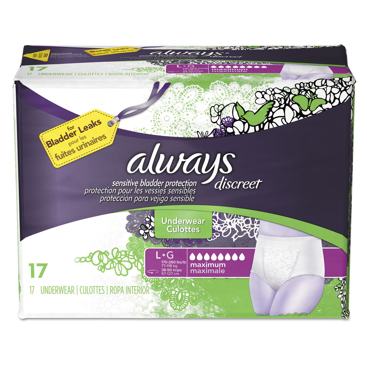 Discreet Incontinence Underwear Large, Maximum Absorbency, 17/Pack, 3 Packs/Carton