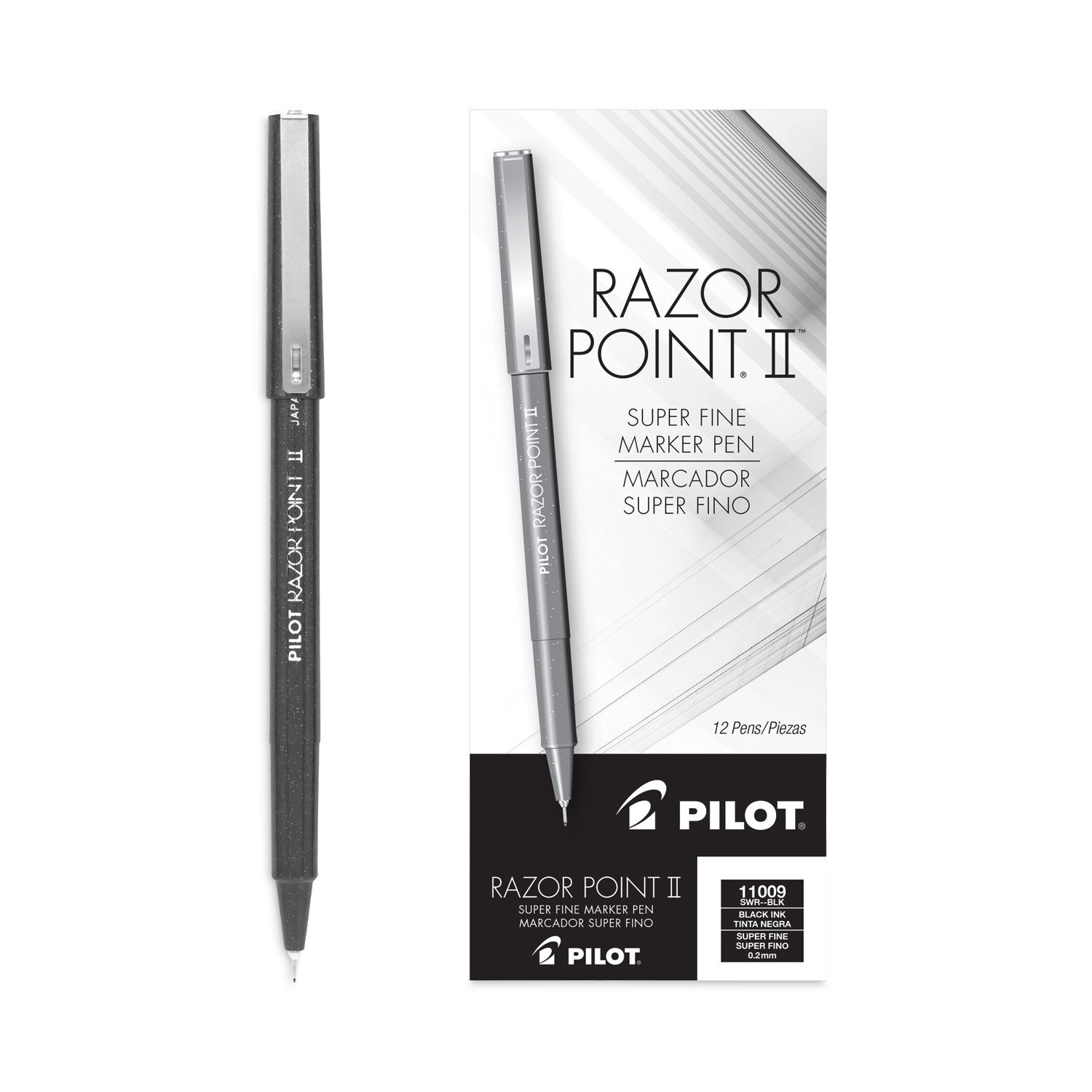 Razor Point II Super Fine Line Porous Point Pen Stick, Extra-Fine 0.2 mm, Black Ink, Black Barrel, Dozen