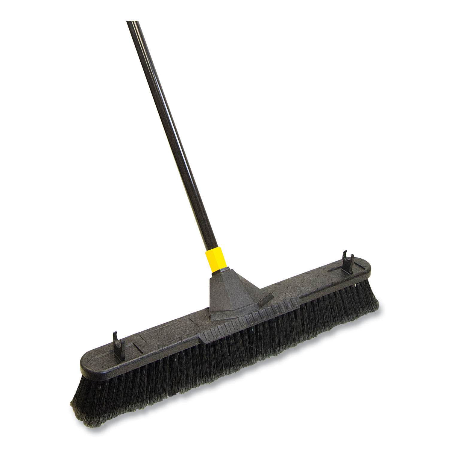 Bulldozer Smooth Surface Pushbroom with Scraper Block 24 x 60, Powder Coated Handle, Tampico Bristles, Black/Yellow