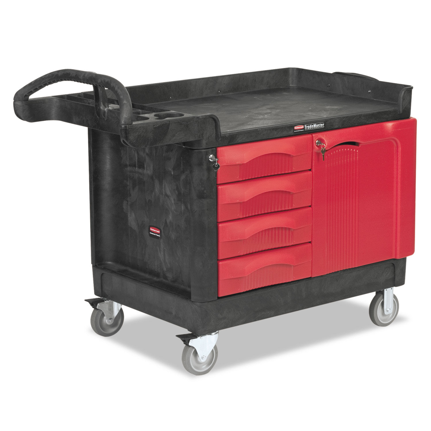 TradeMaster Cart with One Door Plastic, 3 Shelves, 4 Drawers, 750 lb Capacity, 26.25" x 49" x 38", Black