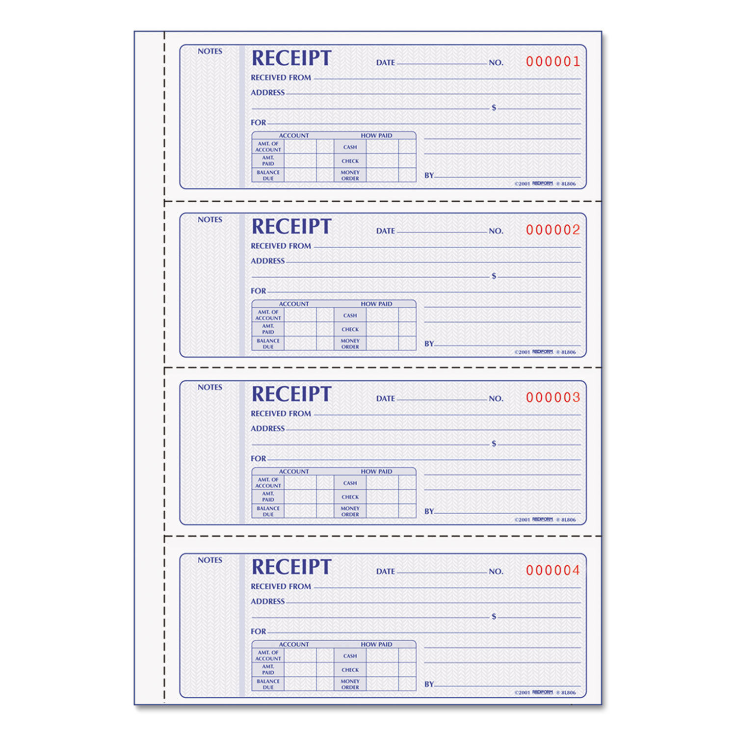 Money Receipt Book Softcover, Two-Part Carbonless, 7 x 2.75, 4 Forms/Sheet, 200 Forms Total