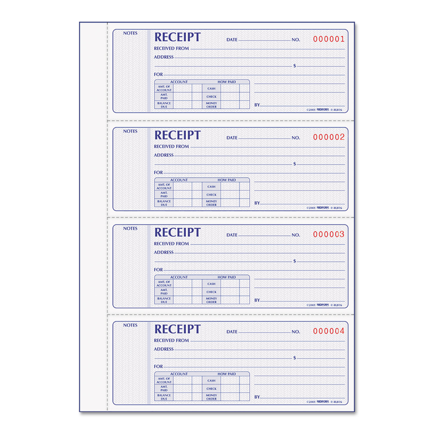 Receipt Book Two-Part Carbonless, 7 x 2.75, 4 Forms/Sheet, 400 Forms Total