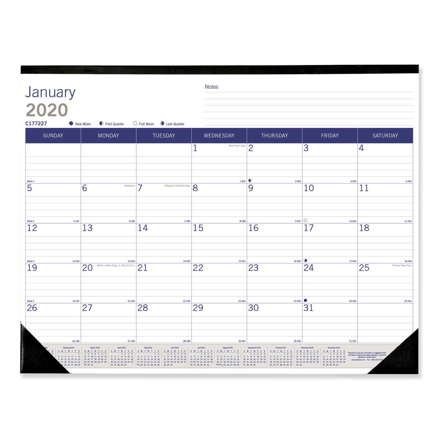 DuraGlobe Monthly Desk Pad Calendar 22 x 17, White/Blue/Gray Sheets, Black Binding/Corners, 12-Month (Jan to Dec): 2024