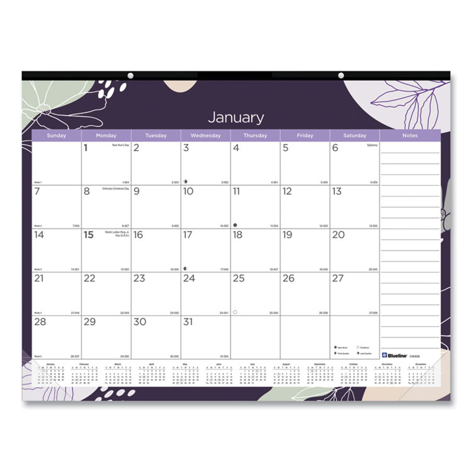Monthly Desk Pad Calendar Abstract Floral Artwork, 22 x 17, Black Binding, Clear Corners, 12-Month (Jan-Dec): 2024