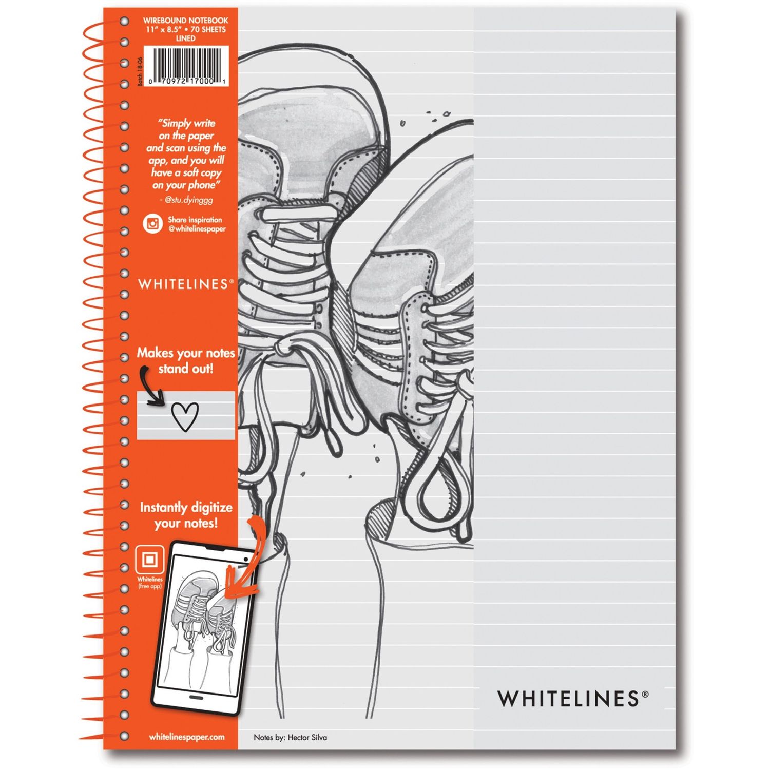 Whitelines Premium Line Ruled Spiral Notebook 70 Sheets, 140 Pages, Printed, Spiral Bound, Both Side Ruling Surface, 20 lb Basis Weight, 75 g/m2 Grammage, 11" x 8 1/2", 0.33" x 8.5"11", Gray Paper