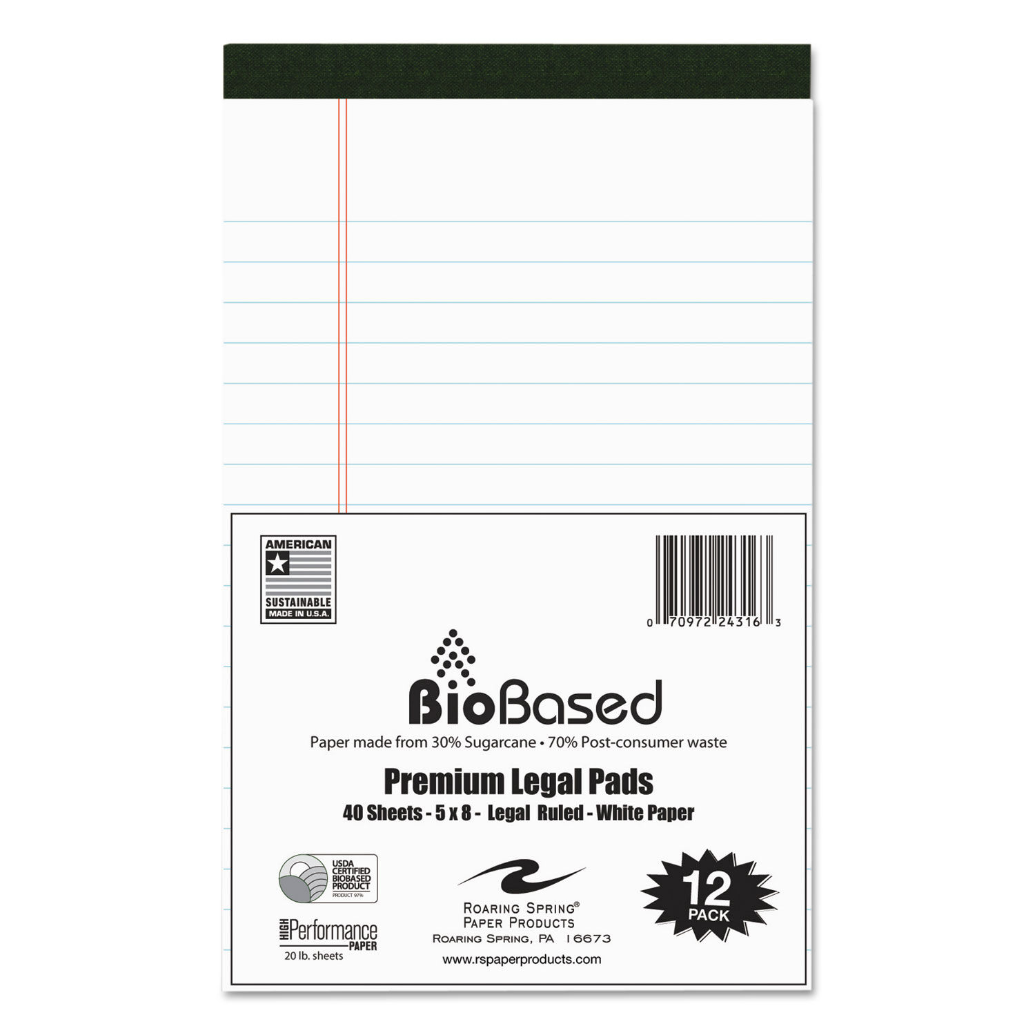 USDA Certified Bio-Preferred Legal Pad Wide/Legal Rule, 40 White 5 x 8 Sheets, 12/Pack