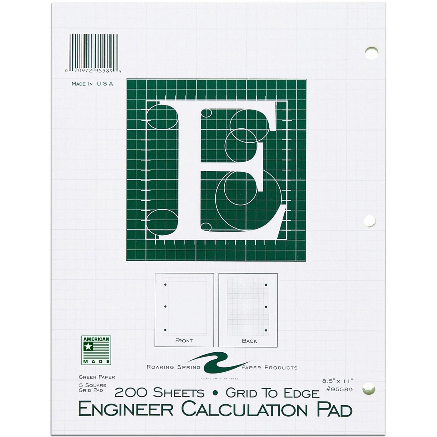 5x5 Grid Engineering Pad 200 Sheets, 400 Pages, Printed, Glued, Back Ruling Surface, 3 Hole(s), 15 lb Basis Weight, 56 g/m2 Grammage, 11" x 8 1/2", 0.66" x 8.5"11", Green Paper, Chipboard Cover