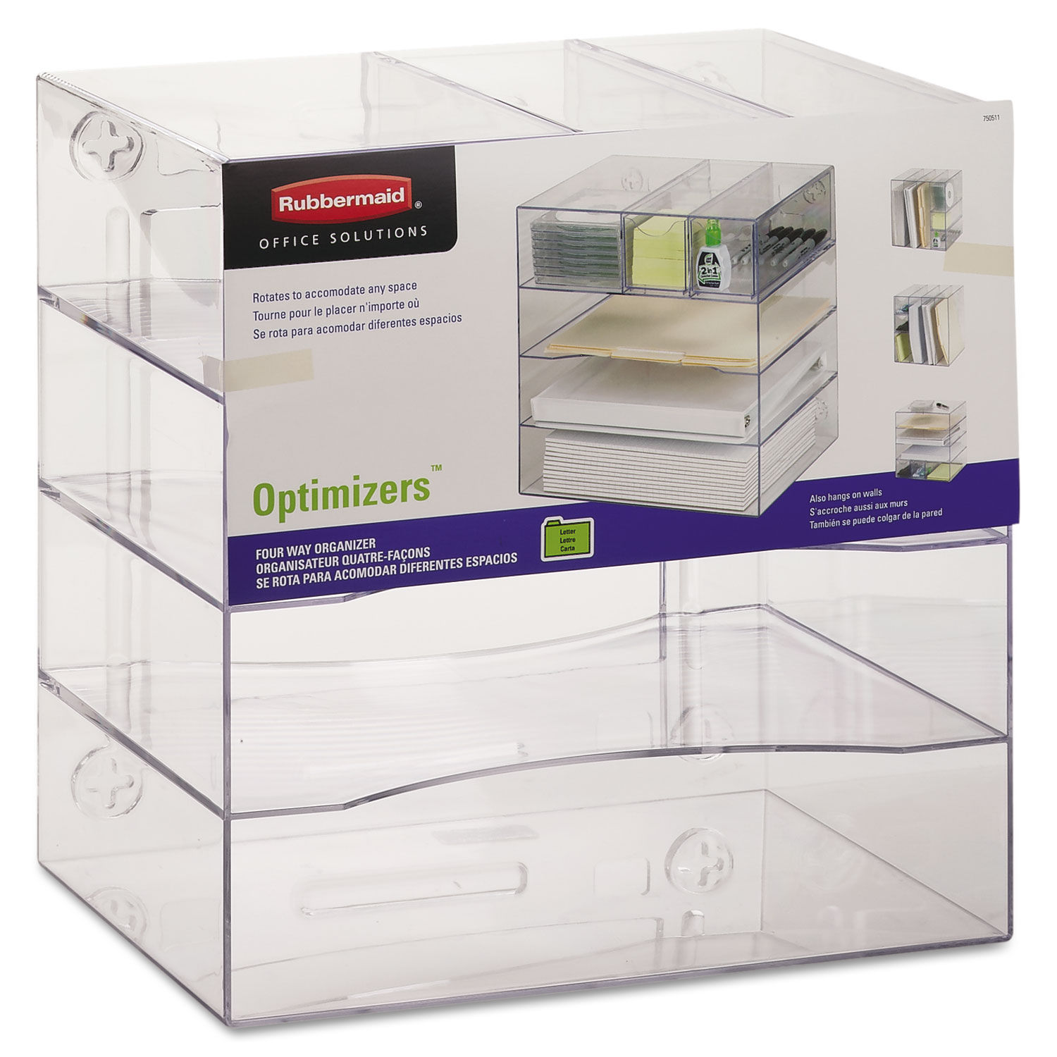 Optimizers Four-Way Organizer with Drawers 6 Compartments, 2 Drawers, Plastic, 10 x 13.25 x 13.25, Clear