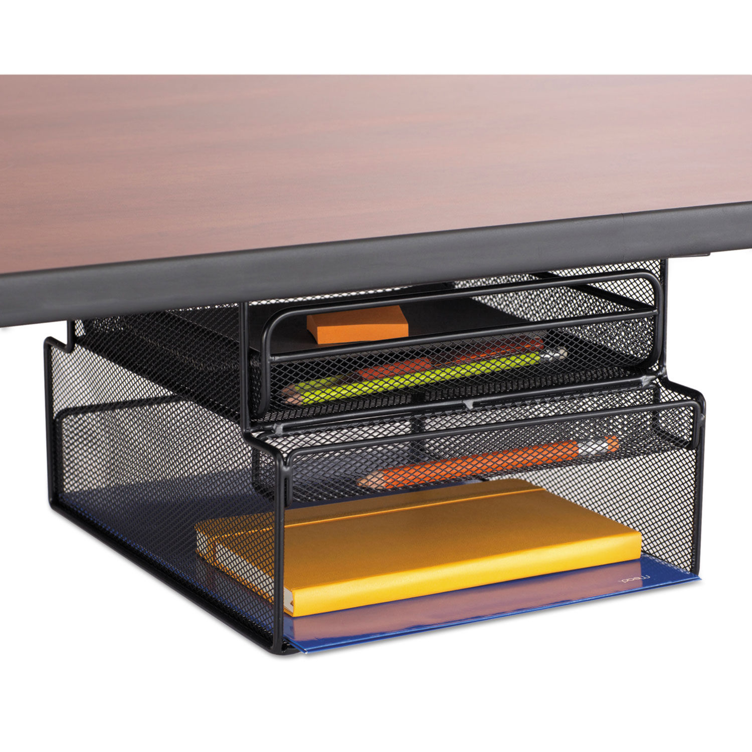 Onyx Hanging Organizer with Drawer Under Desk Mount, 3 Compartments, Steel Mesh, 12.33 x 10 x 7.25, Black