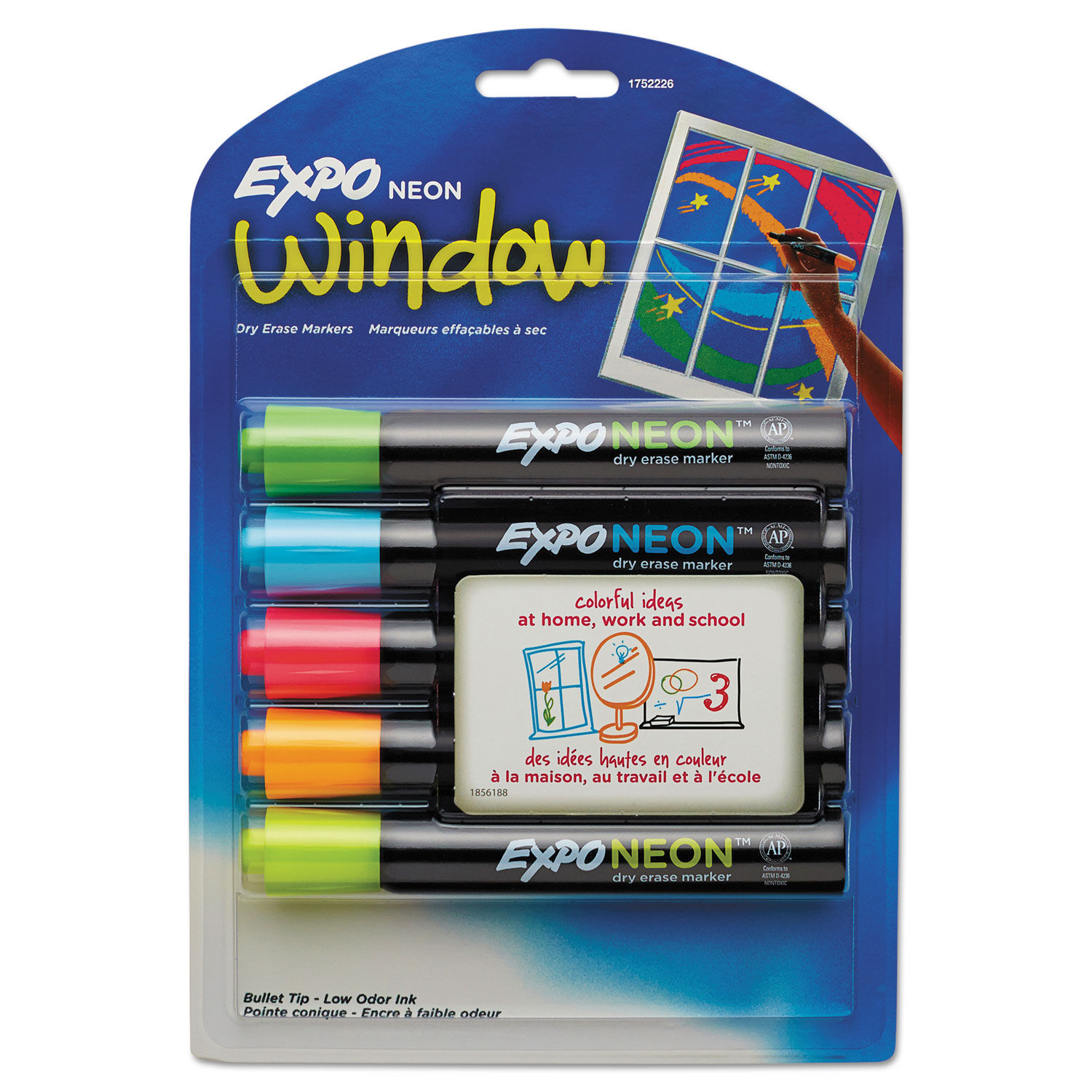Neon Windows Dry Erase Marker Broad Bullet Tip, Assorted Colors, 5/Pack