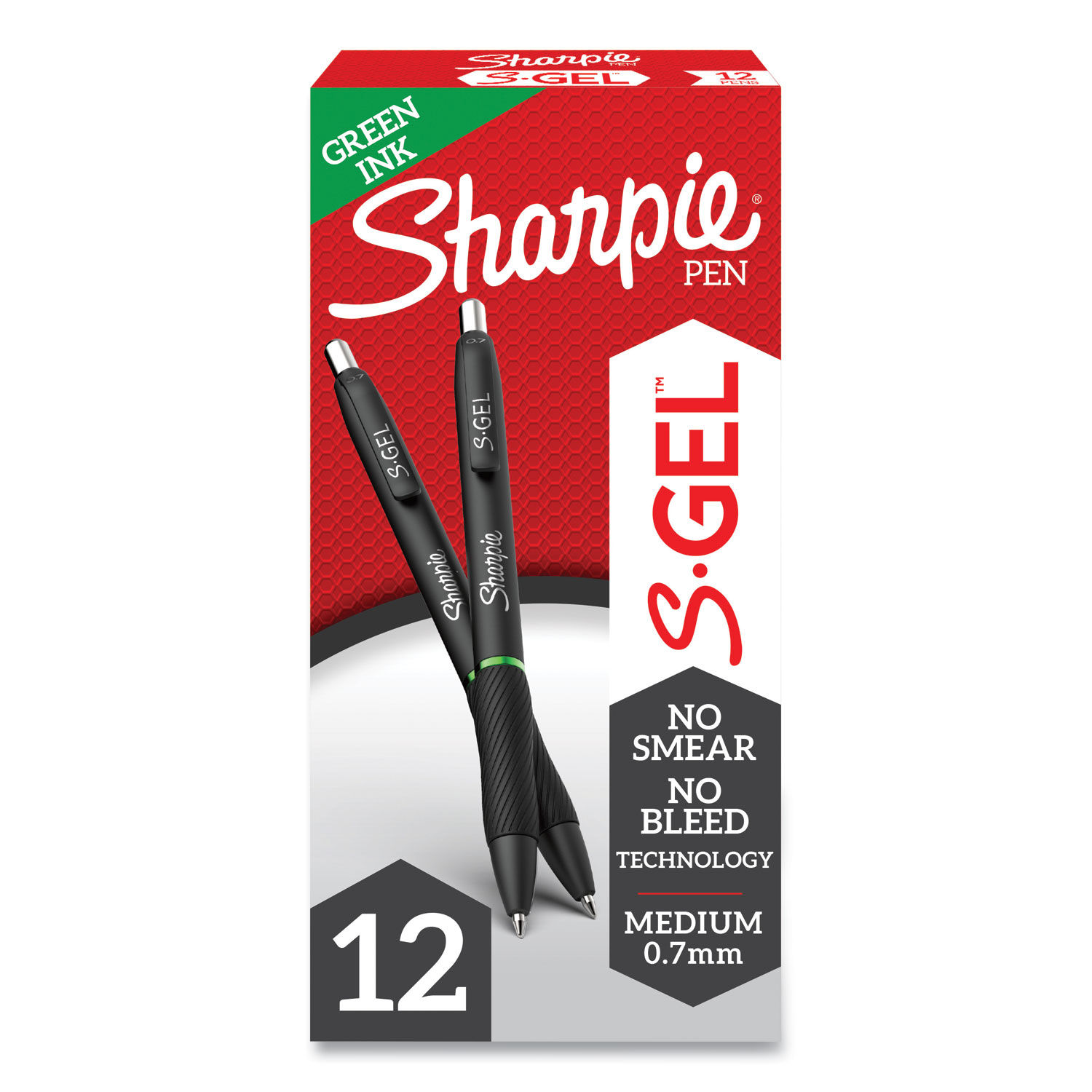 S-Gel High-Performance Gel Pen Retractable, Medium 0.7 mm, Green Ink, Black Barrel, Dozen