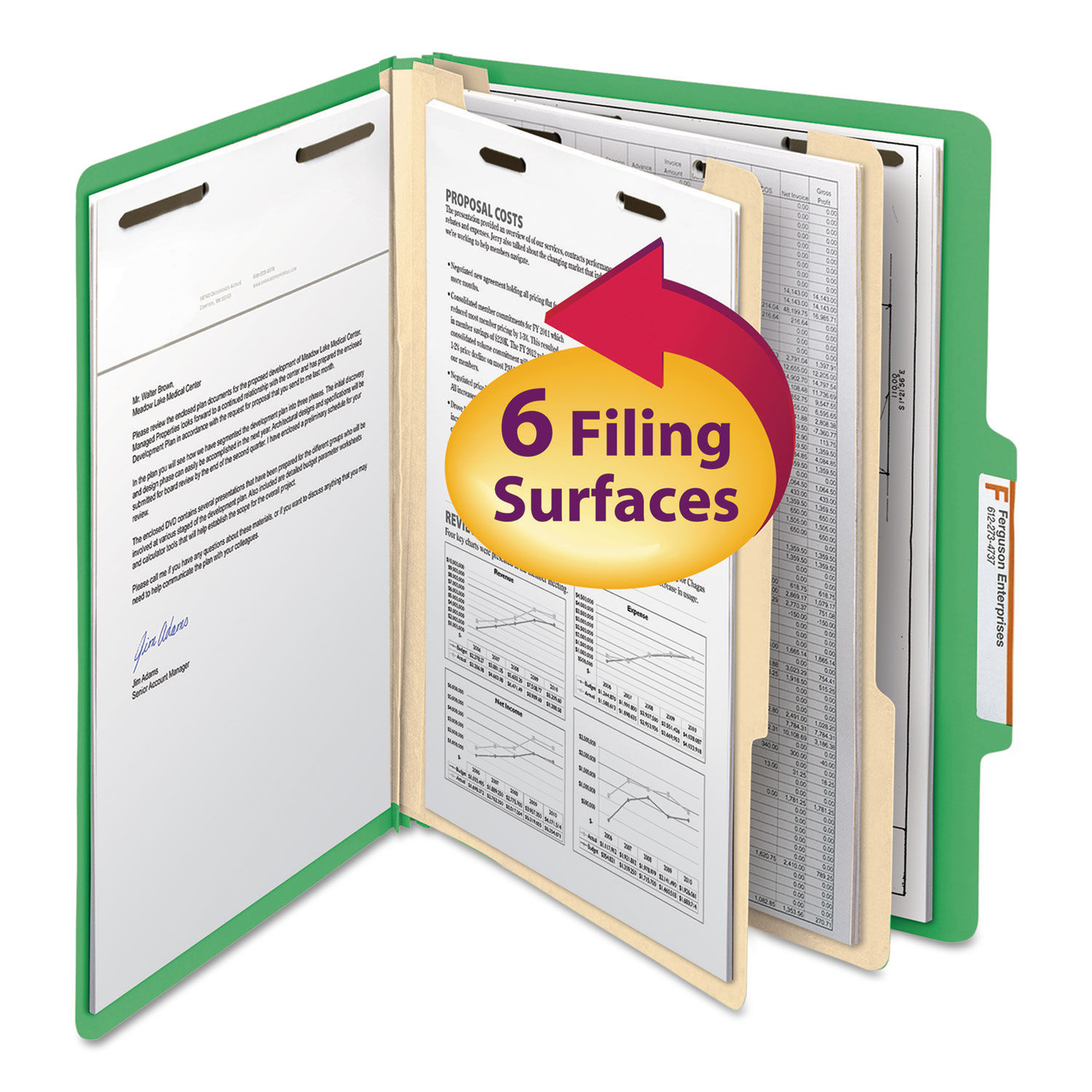 Top Tab Classification Folders Six SafeSHIELD Fasteners, 2" Expansion, 2 Dividers, Letter Size, Green Exterior, 10/Box