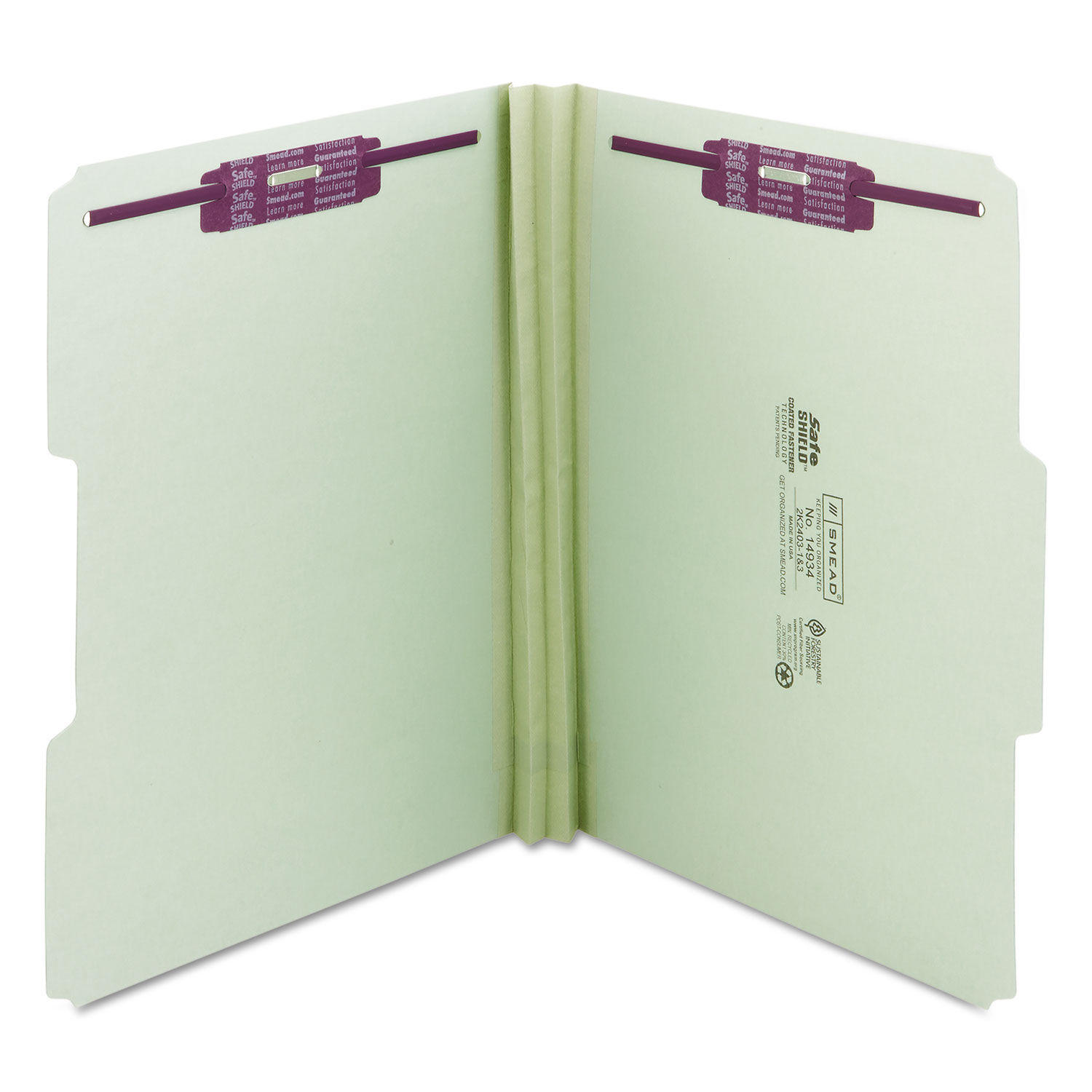 Recycled Pressboard Fastener Folders 1/3-Cut Tabs, Two SafeSHIELD Fasteners, 2" Expansion, Letter Size, Gray-Green, 25/Box