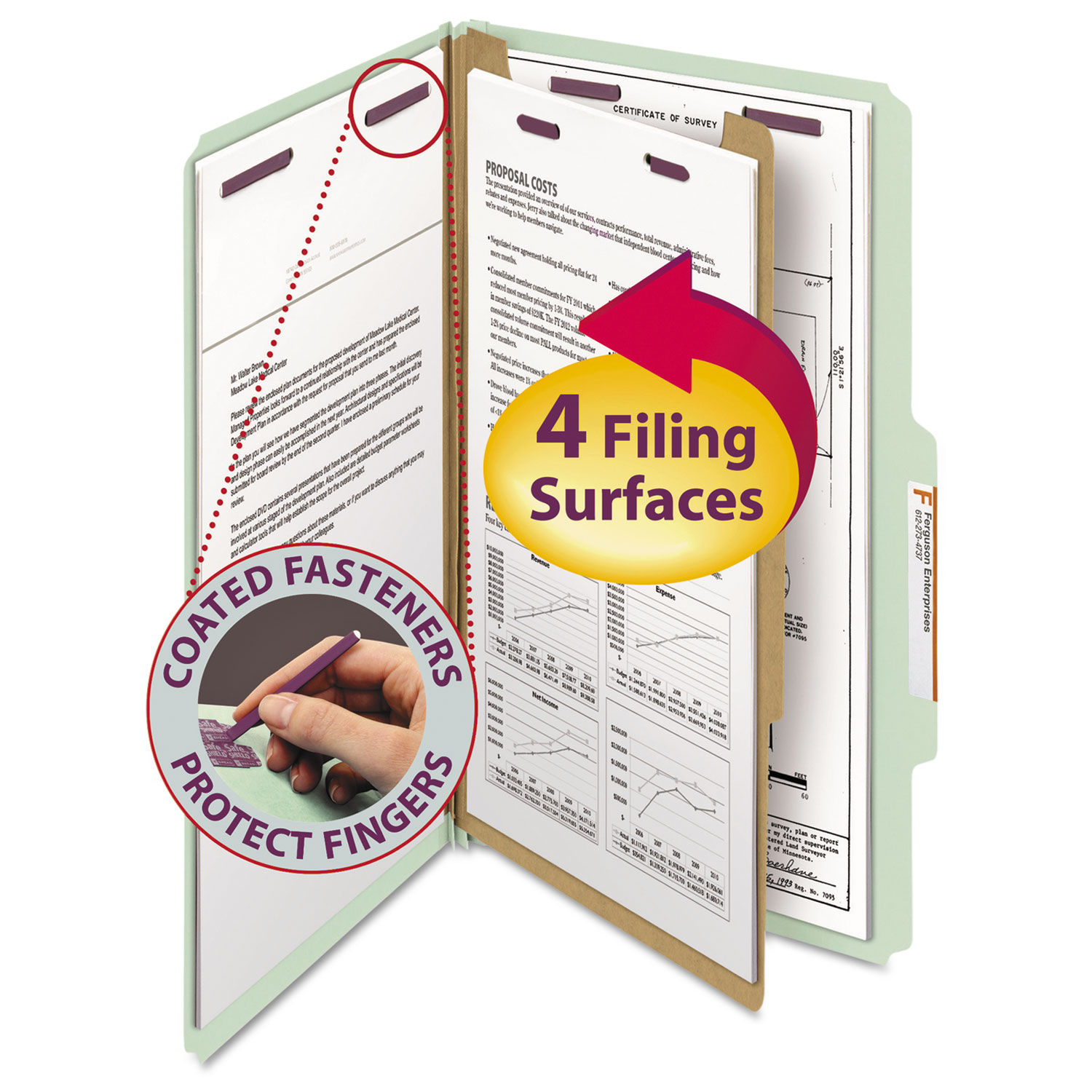 Pressboard Classification Folders Four SafeSHIELD Fasteners, 2/5-Cut Tabs, 1 Divider, Legal Size, Gray-Green, 10/Box