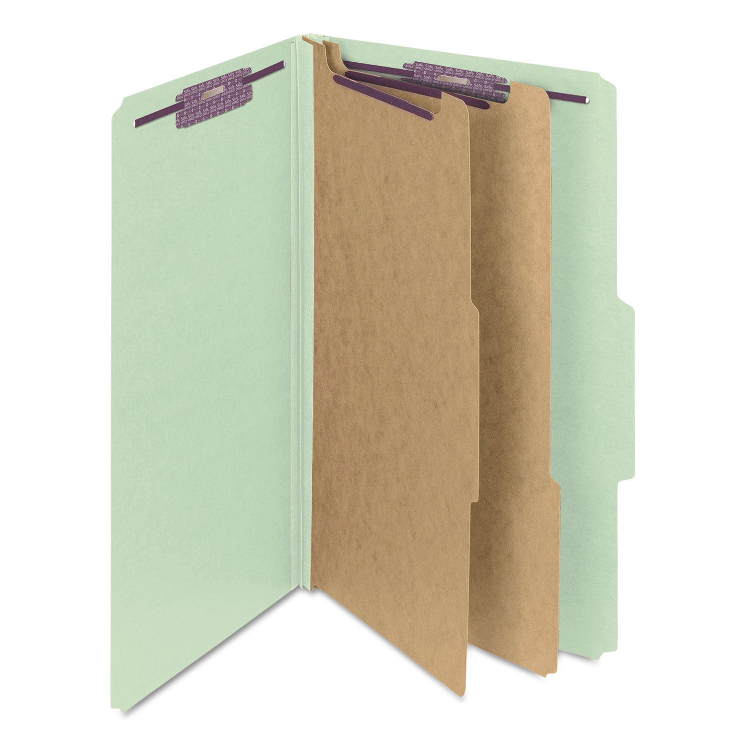 Pressboard Classification Folders Six SafeSHIELD Fasteners, 2/5-Cut Tabs, 2 Dividers, Legal Size, Gray-Green, 10/Box