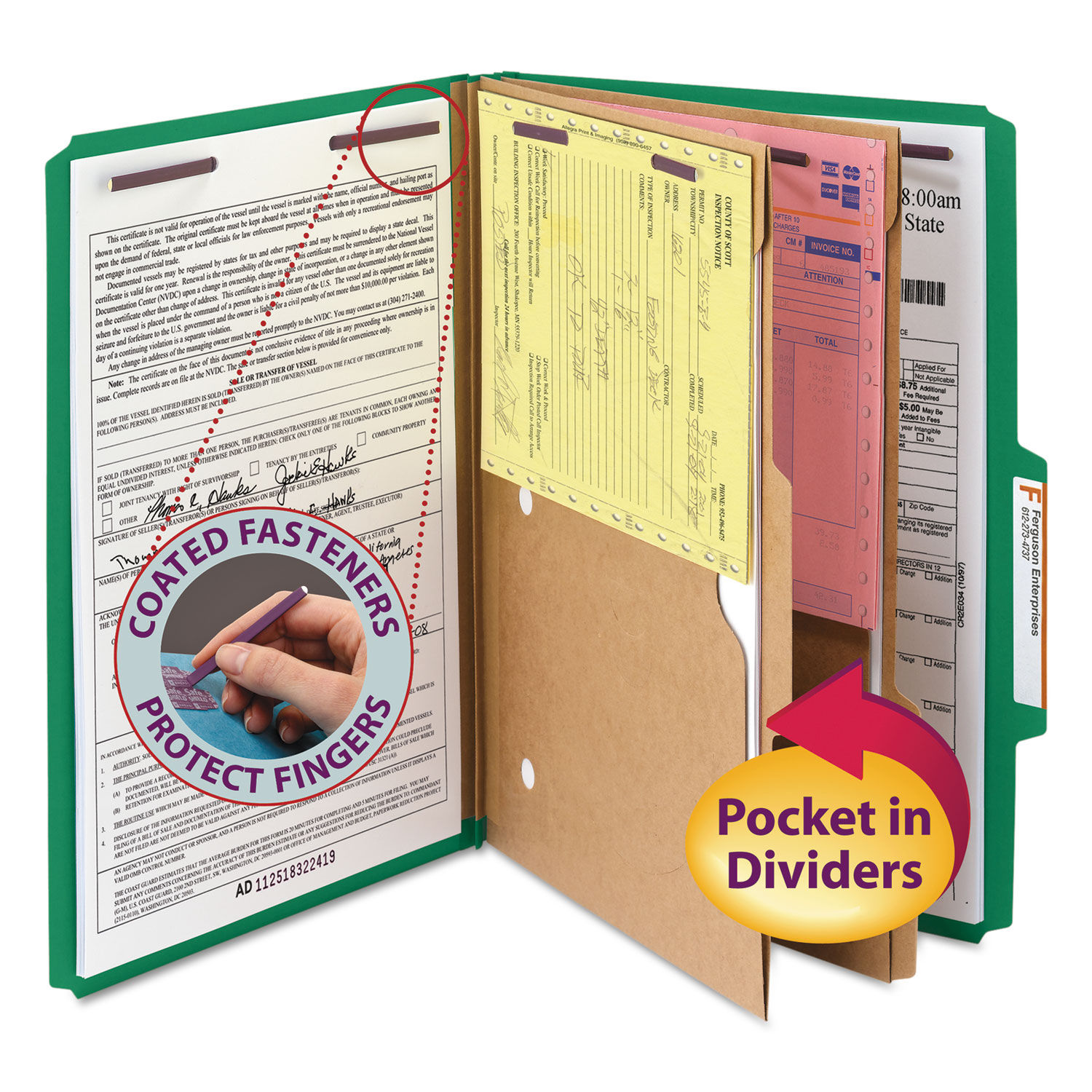 6-Section Pressboard Top Tab Pocket Classification Folders 6 SafeSHIELD Fasteners, 2 Dividers, Legal Size, Green, 10/Box