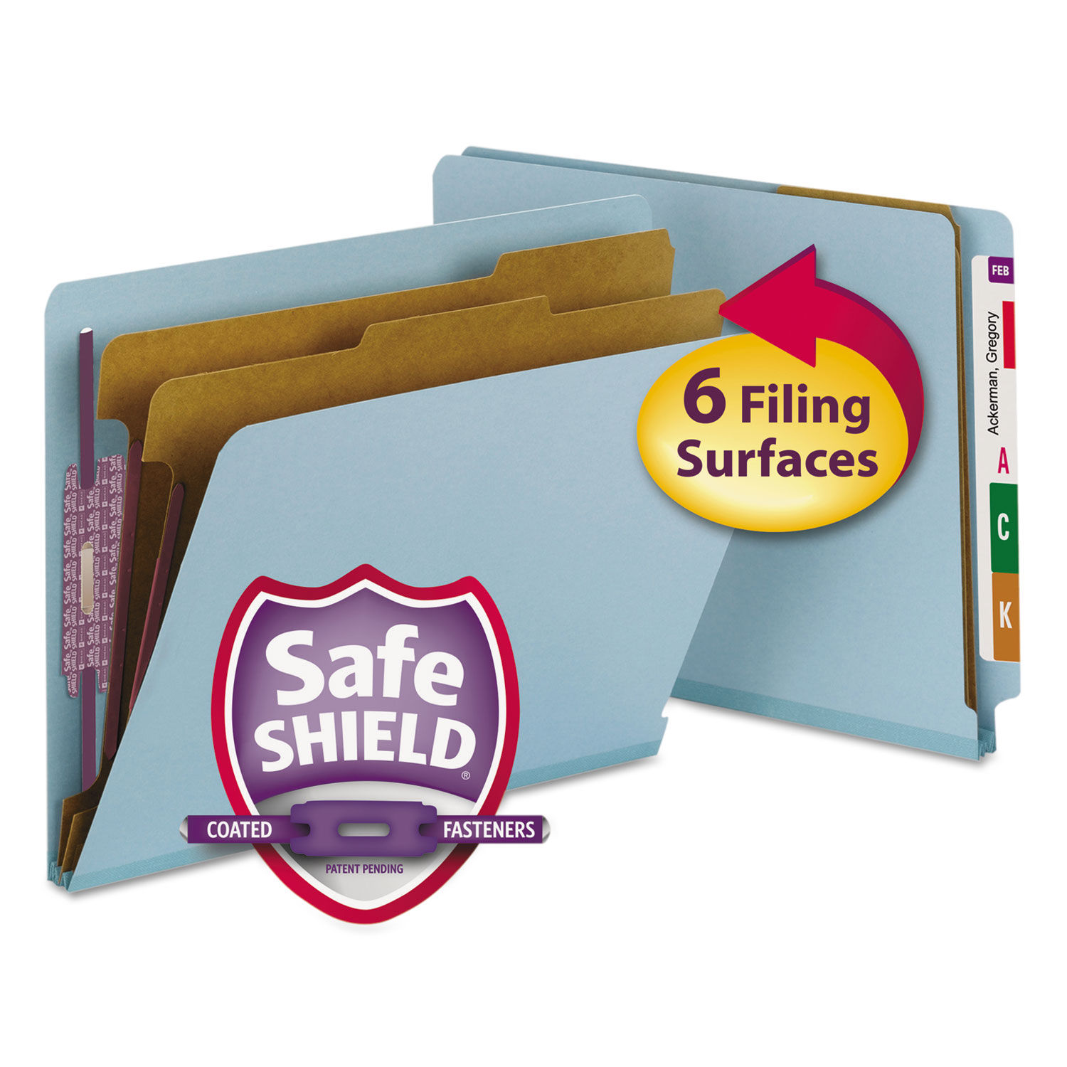 End Tab Pressboard Classification Folders Six SafeSHIELD Fasteners, 2" Expansion, 2 Dividers, Letter Size, Blue, 10/Box