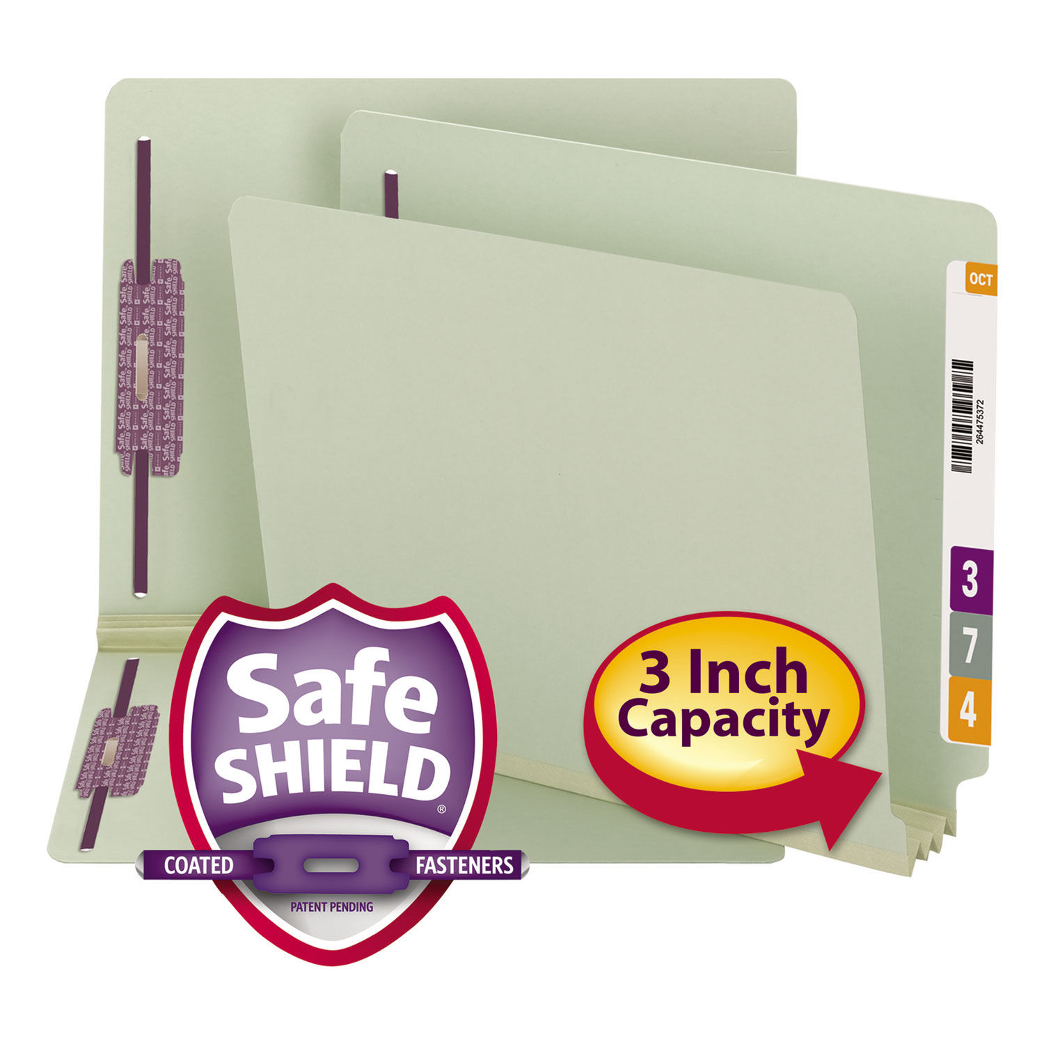 End Tab Pressboard Classification Folders Two SafeSHIELD Coated Fasteners, 3" Expansion, Letter Size, Gray-Green, 25/Box