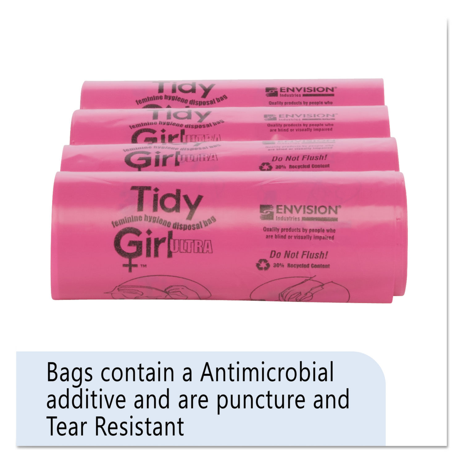 Feminine Hygiene Sanitary Disposal Bags 4" x 10", Pink/Black, 150 Bags/Roll, 4 Rolls/Carton