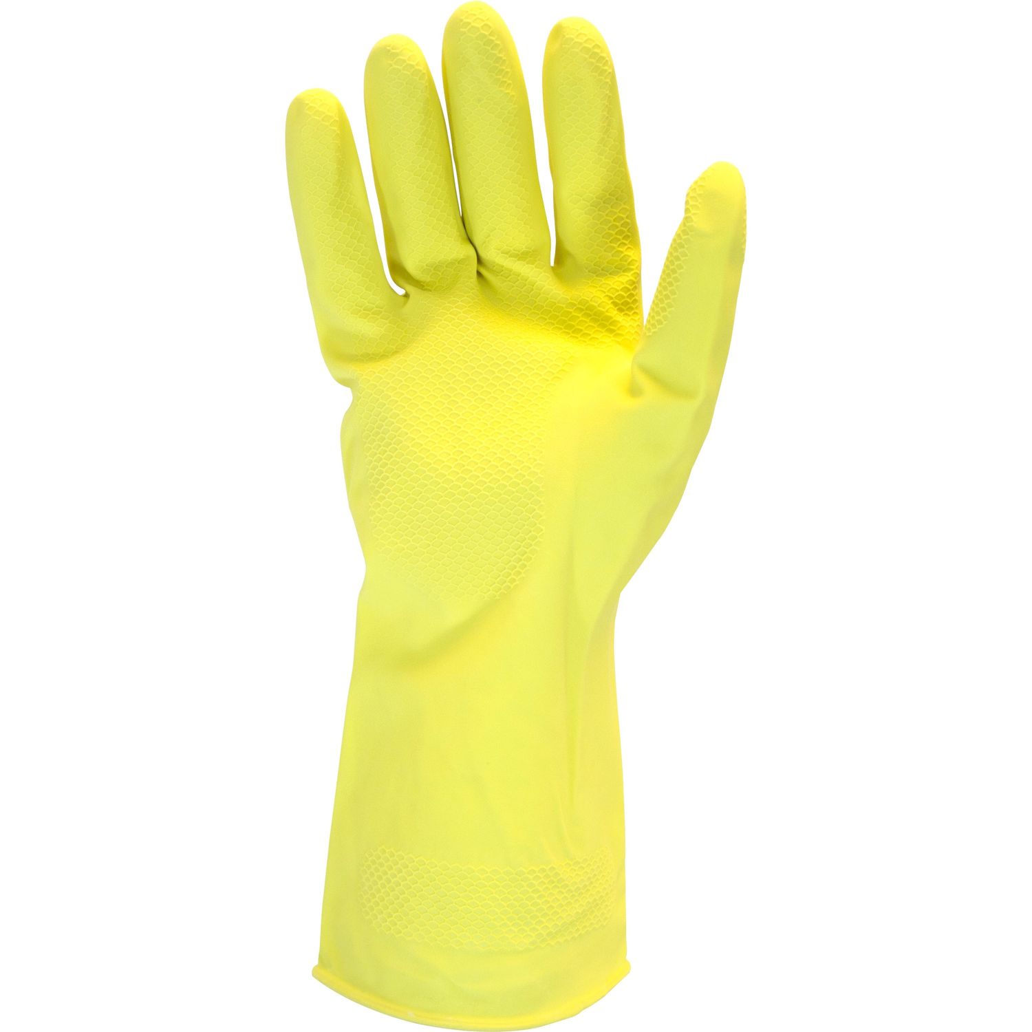 Yellow Flock Lined Latex Gloves Chemical Protection, Large Size, Latex, Yellow, Pinked Cuff, Fish Scale Grip, Flock-lined, For Dishwashing, Cleaning, Meat Processing, 18 mil Thickness