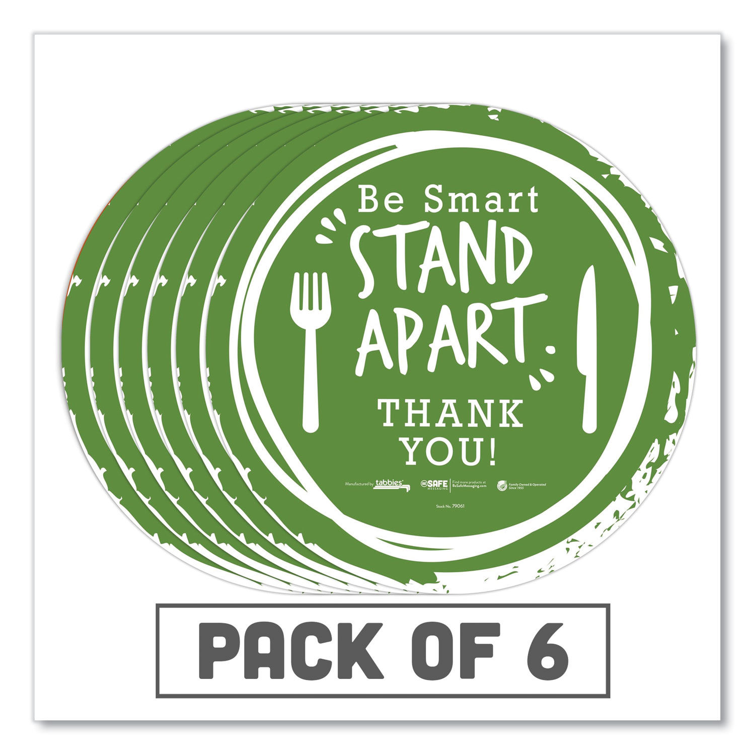 BeSafe Messaging Floor Decals Be Smart Stand Apart; Knife/Fork; Thank You, 12" Dia., Green/White, 6/Carton