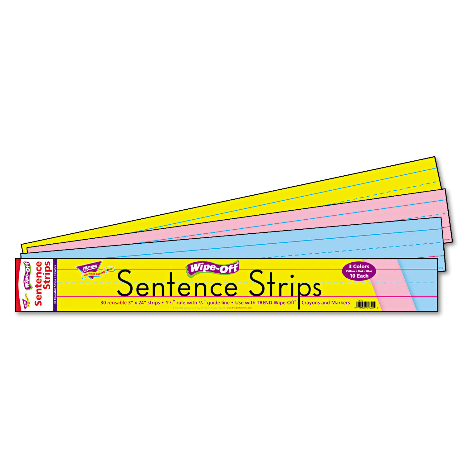 Wipe-Off Sentence Strips 24 x 3, Blue; Pink; Yellow, 30/Pack