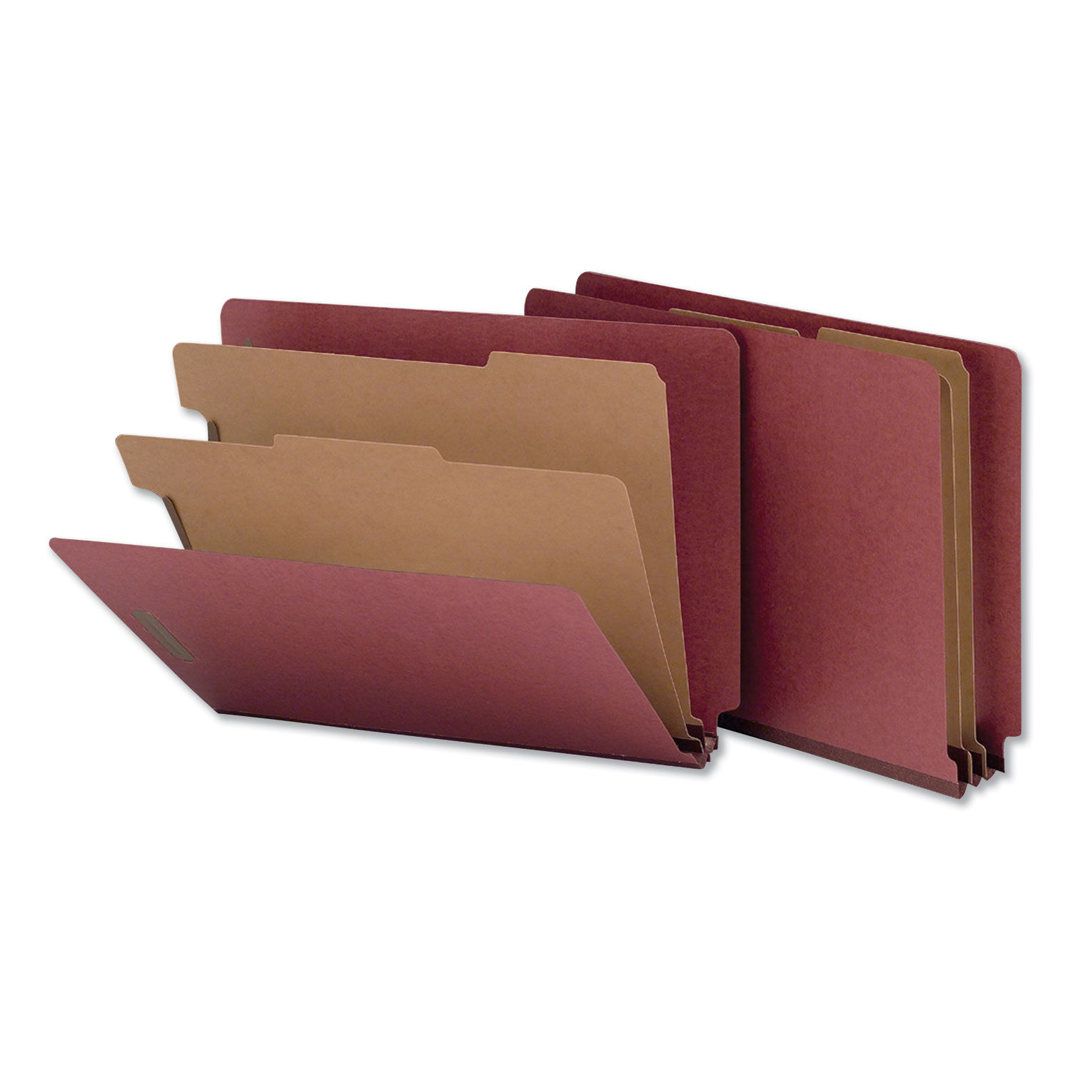 Red Pressboard End Tab Classification Folders 2" Expansion, 2 Dividers, 6 Fasteners, Letter Size, Red Exterior, 10/Box