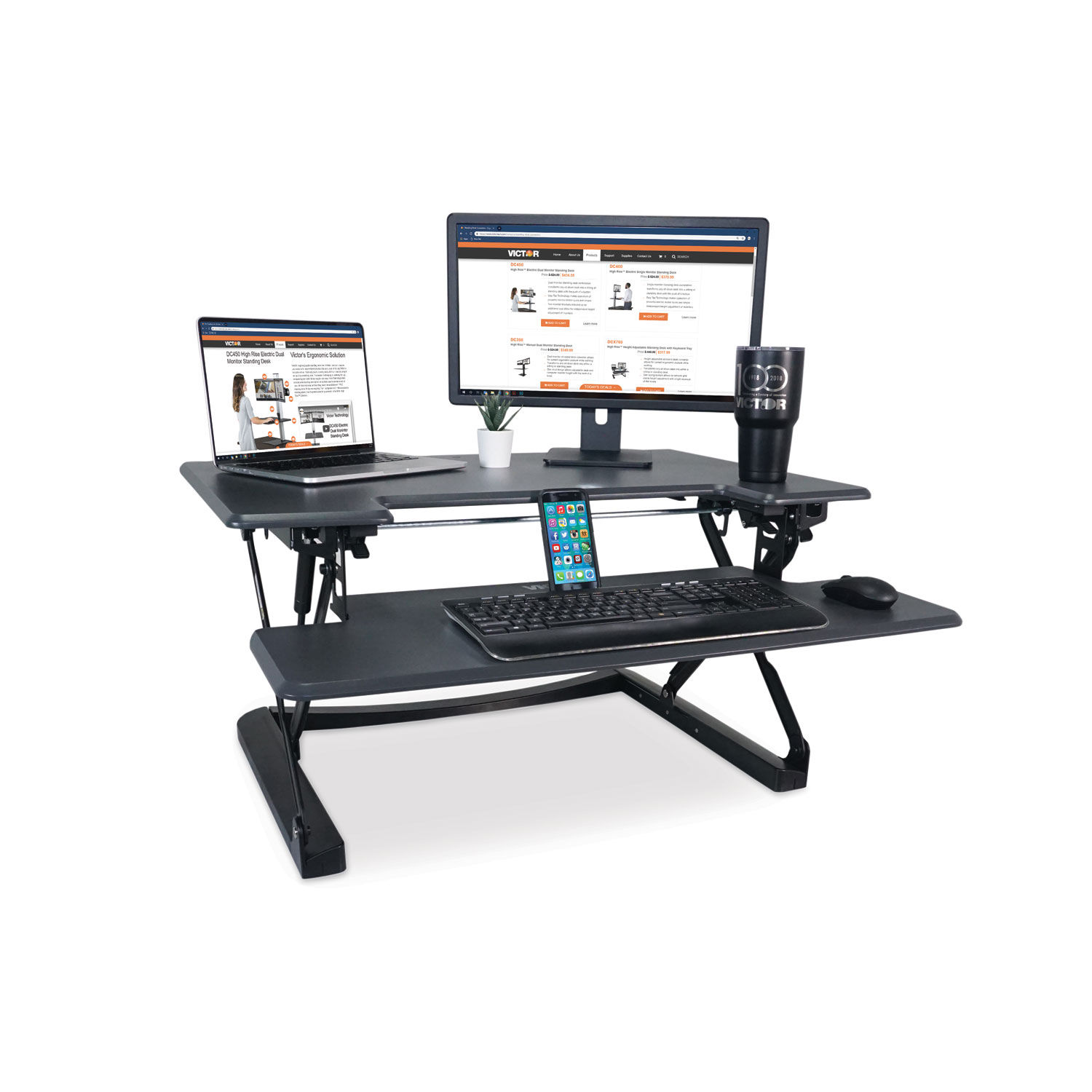 High Rise Height Adjustable Standing Desk with Keyboard Tray 36" x 31.25" x 5.25" to 20", Gray/Black