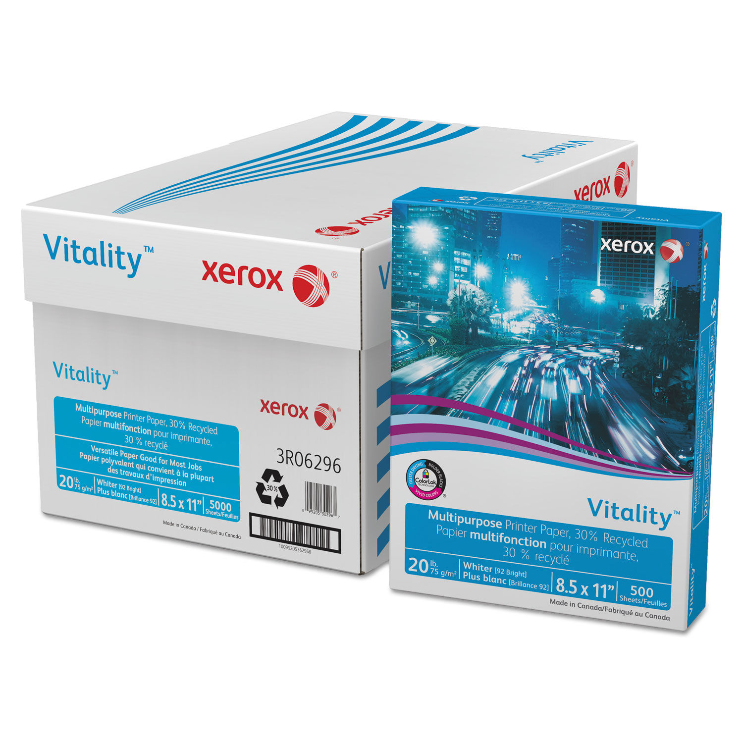 Vitality 30% Recycled Multipurpose Paper 92 Bright, 20 lb Bond Weight, 8.5 x 11, White, 500/Ream