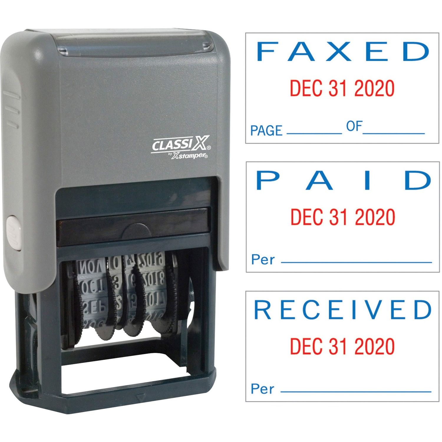 Self-Inking Paid/Faxed/Received Dater Message/Date Stamp, "PAID, FAXED, RECEIVED", 0.93" Impression Width x 1.75" Impression Length, Blue, Red, Plastic, 1 Each