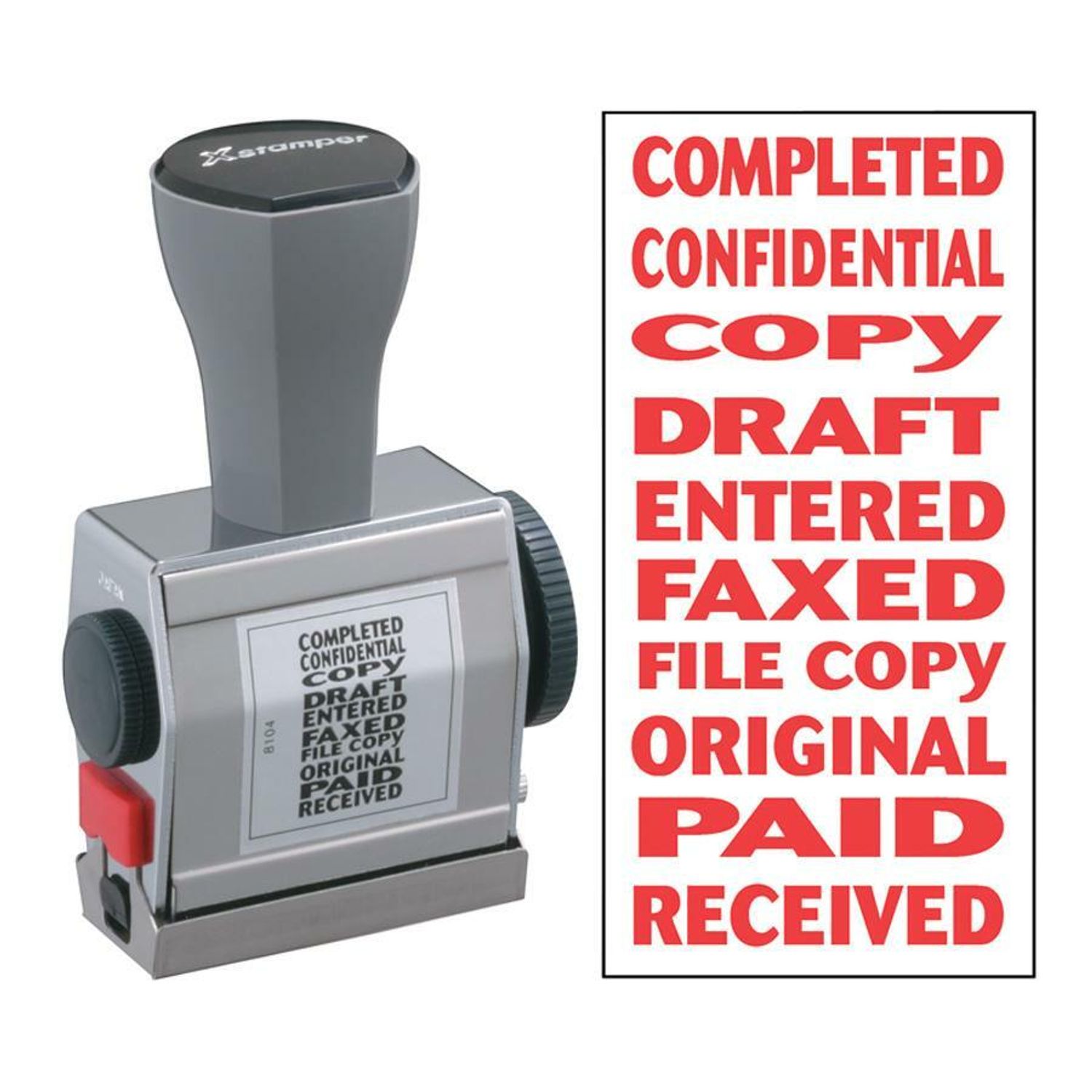 10-In-1 Phrase Stamp Message Stamp, "COMPLETED, CONFIDENTIAL, COPY, DRAFT, ENTERED, FAXED, FILE COPY, ORIGINAL, PAID, RECEIVED", 0.19" Impression Width x 1.50" Impression Length, Red, 1 Each