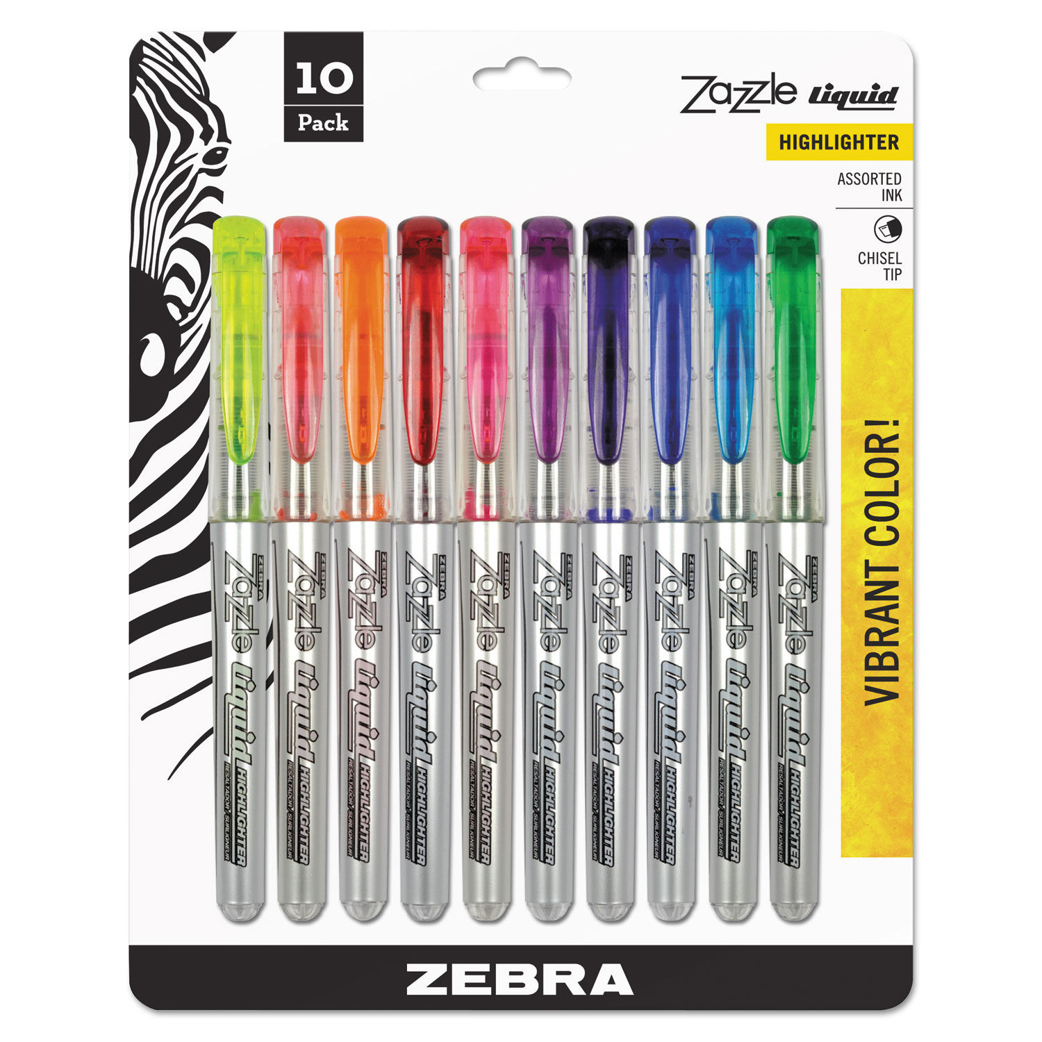 Zazzle Liquid Ink Highlighter Assorted Ink Colors, Chisel Tip, Assorted Barrel Colors, 10/Set